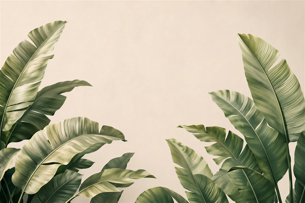 Fotobehang groene bananenbladeren op een beige achtergrond tropisch