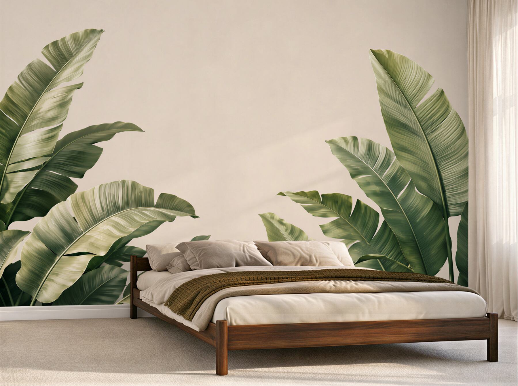 Fotobehang groene bananenbladeren op een beige achtergrond tropisch