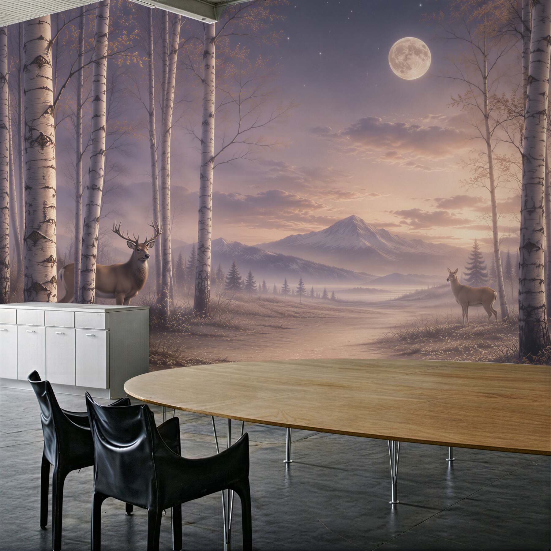 Fotobehang berkenbos met herten en bergen in het maanlicht