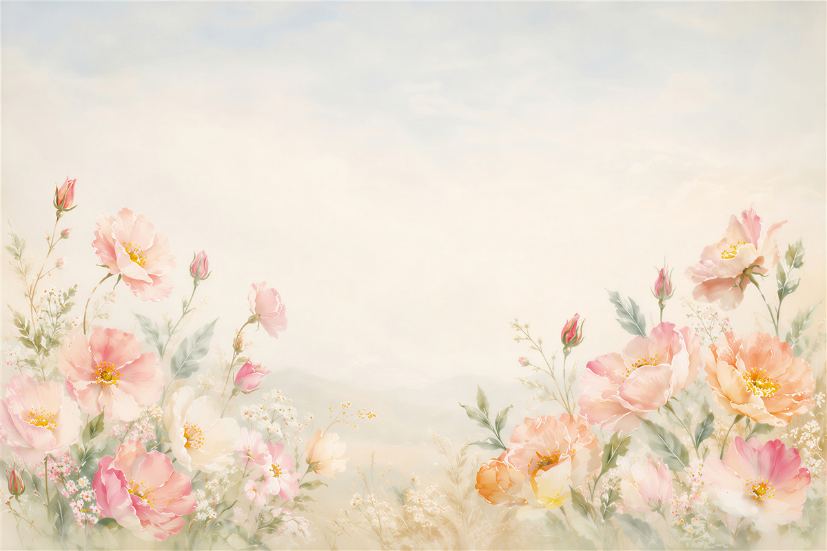 Fotobehang pastel bloemen pioenrozen en klaprozen op lichte achtergrond voor de slaapkamer
