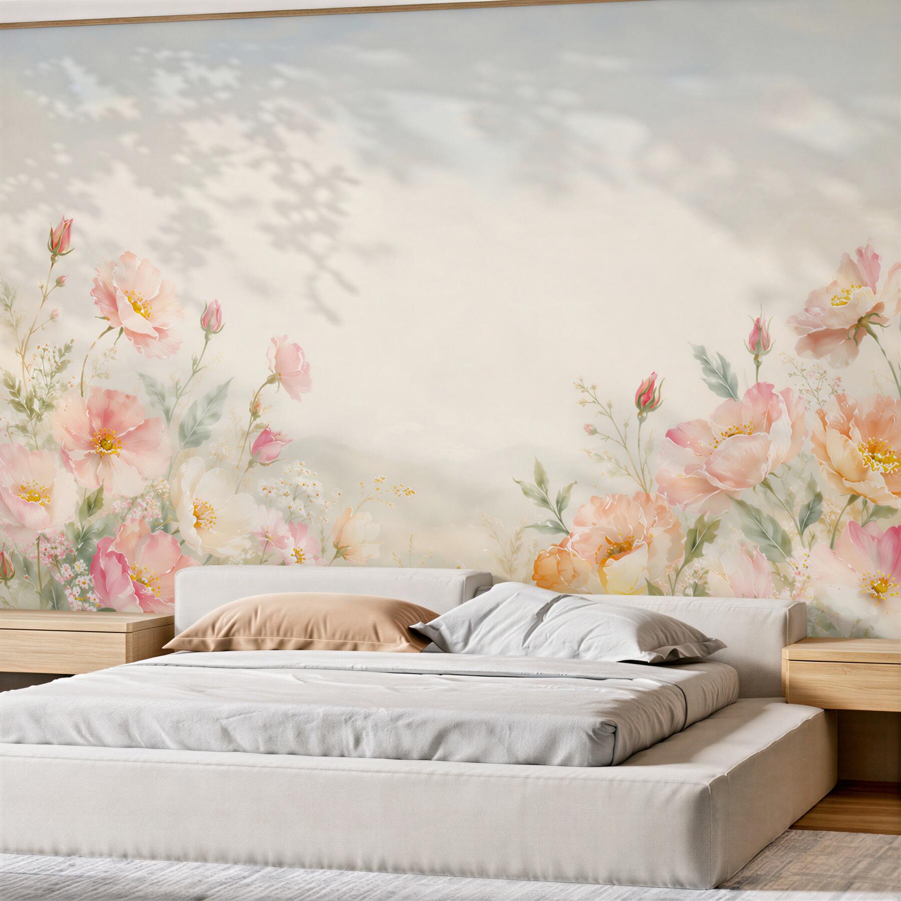 Fotobehang pastel bloemen pioenrozen en klaprozen op lichte achtergrond voor de slaapkamer