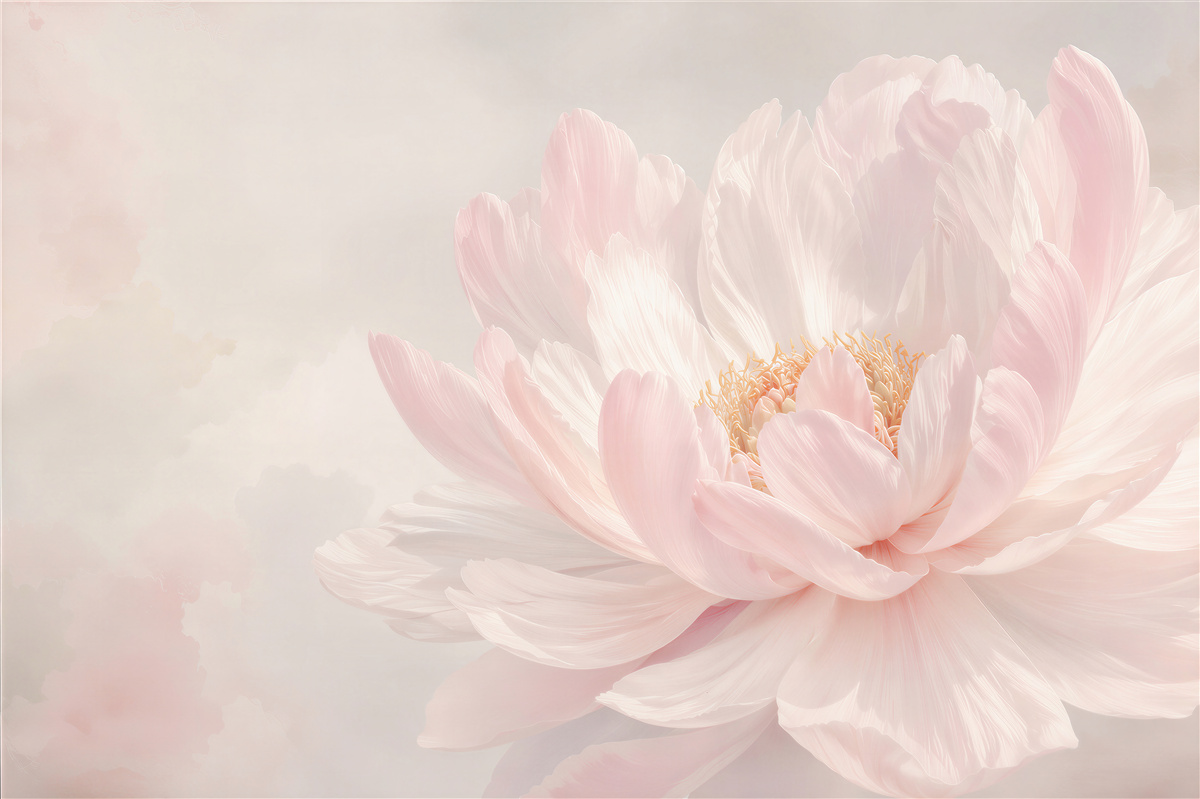 Fotobehang poederroze pioenbloem op lichte achtergrond elegant en subtiel