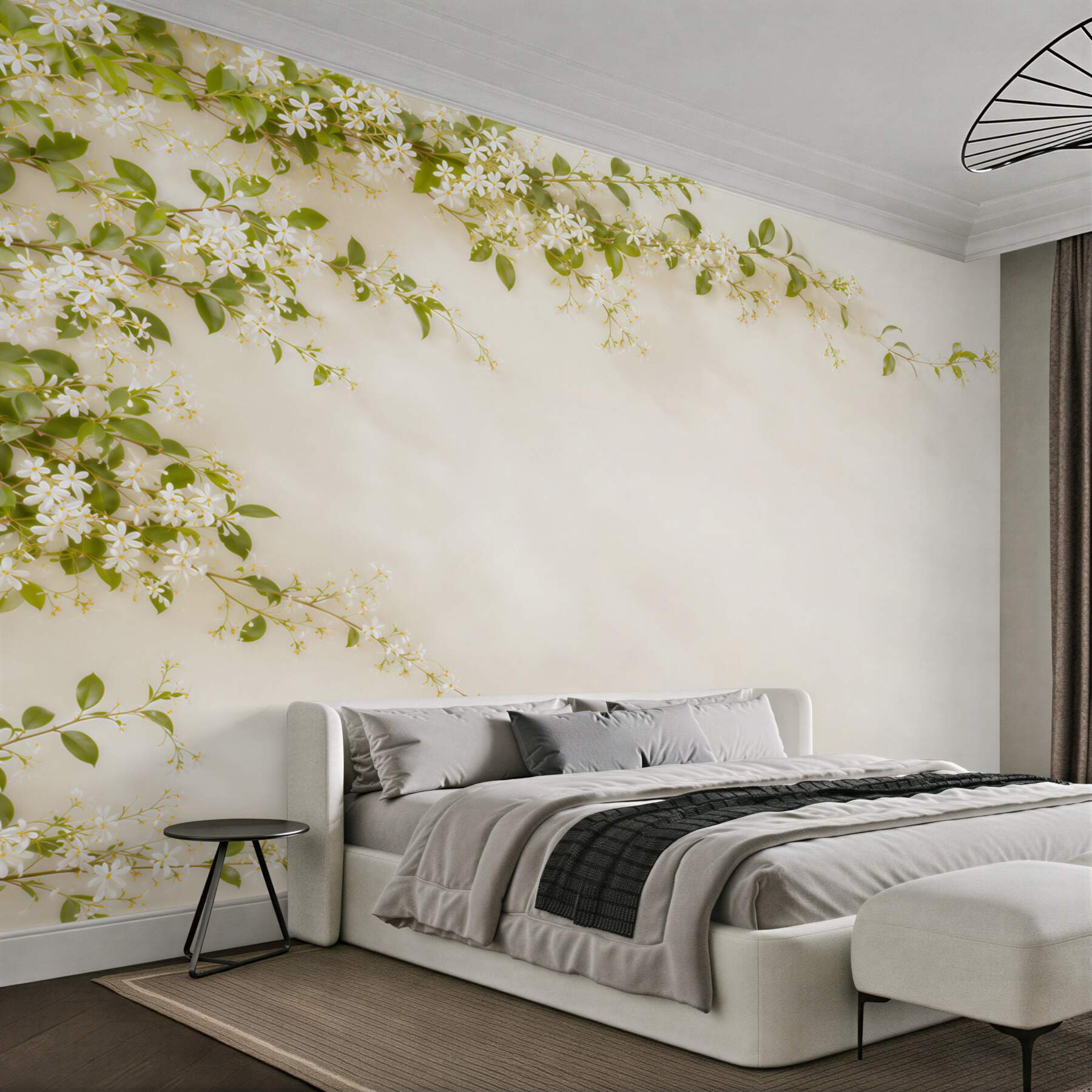 Fotobehang witte bloemen en groene takken op beige achtergrond