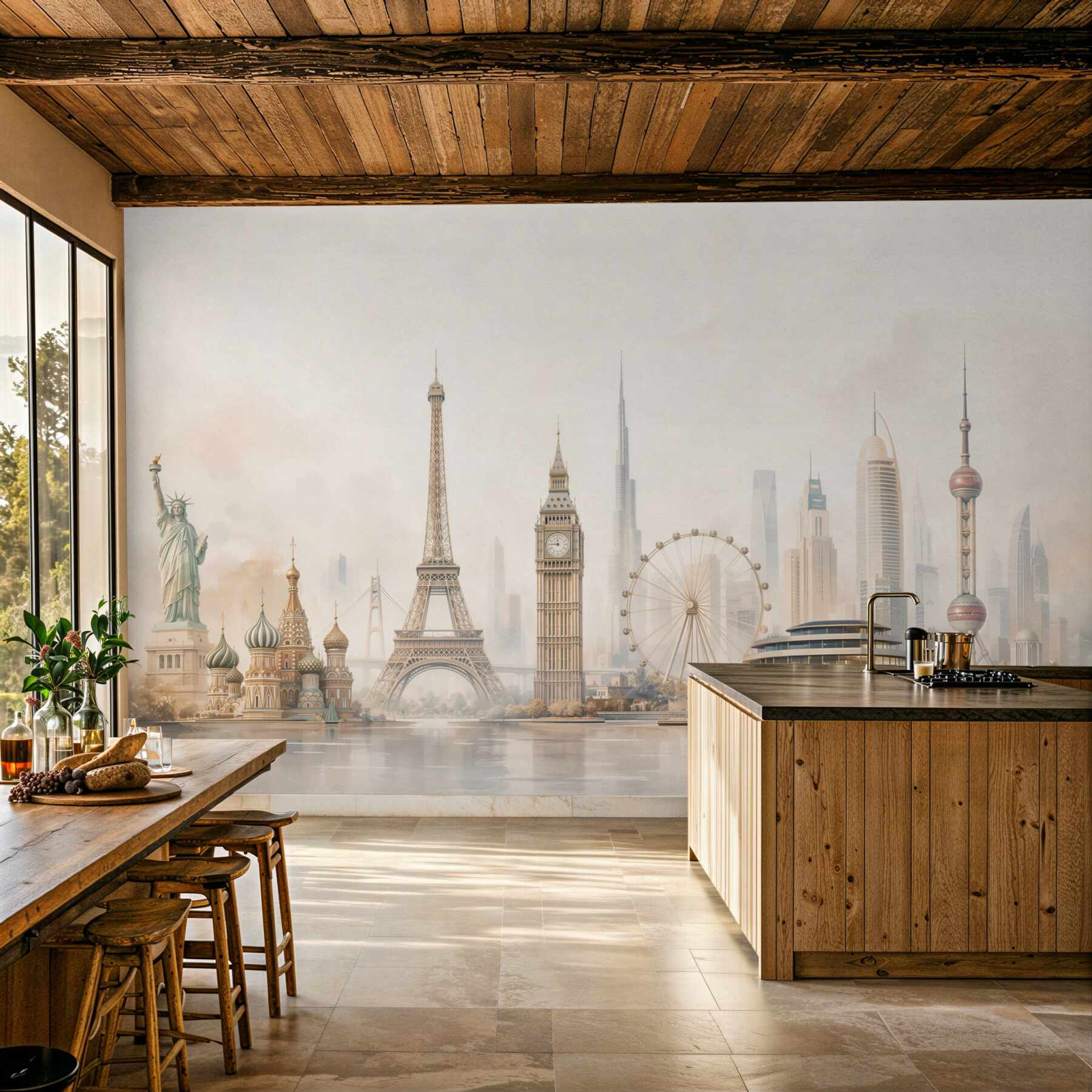 Fotobehang panorama van wereldmonumenten in lichte beigetinten voor de woonkamer