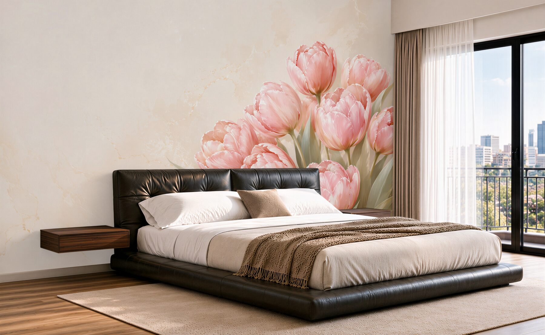 Fotobehang roze tulpen op beige achtergrond elegant voor de woonkamer