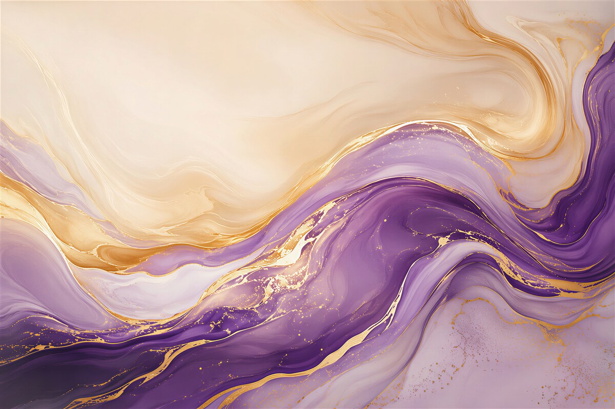 Fotobehang abstracte golven paars met goud elegant voor de woonkamer