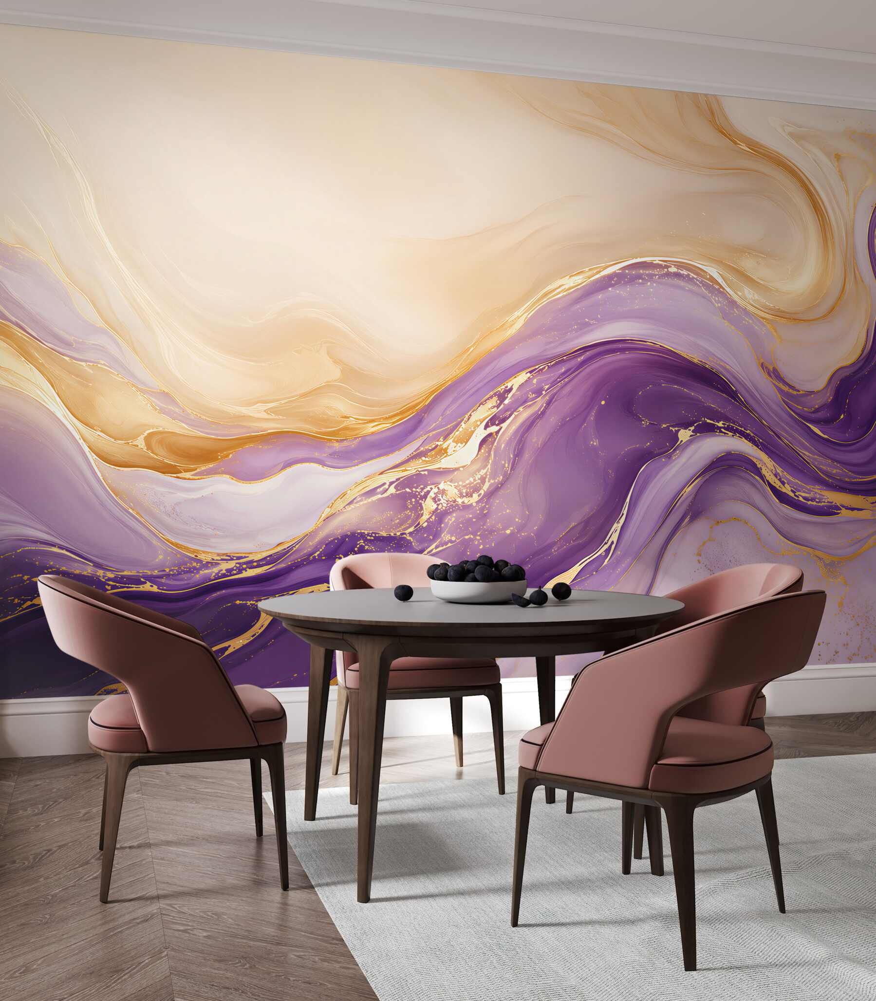 Fotobehang abstracte golven paars met goud elegant voor de woonkamer