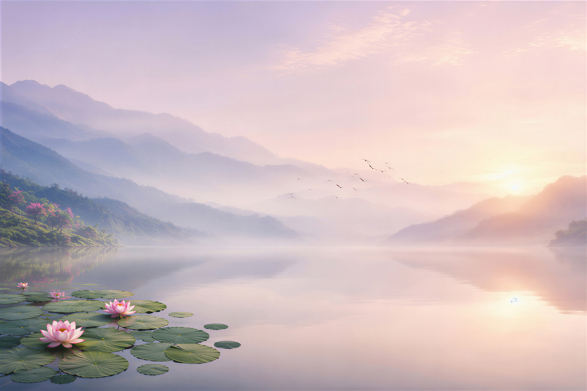 Fotobehang meer bij zonsopgang met waterlelies en bergen in de mist