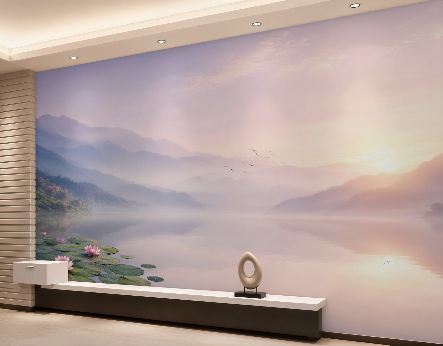 Fotobehang meer bij zonsopgang met waterlelies en bergen in de mist
