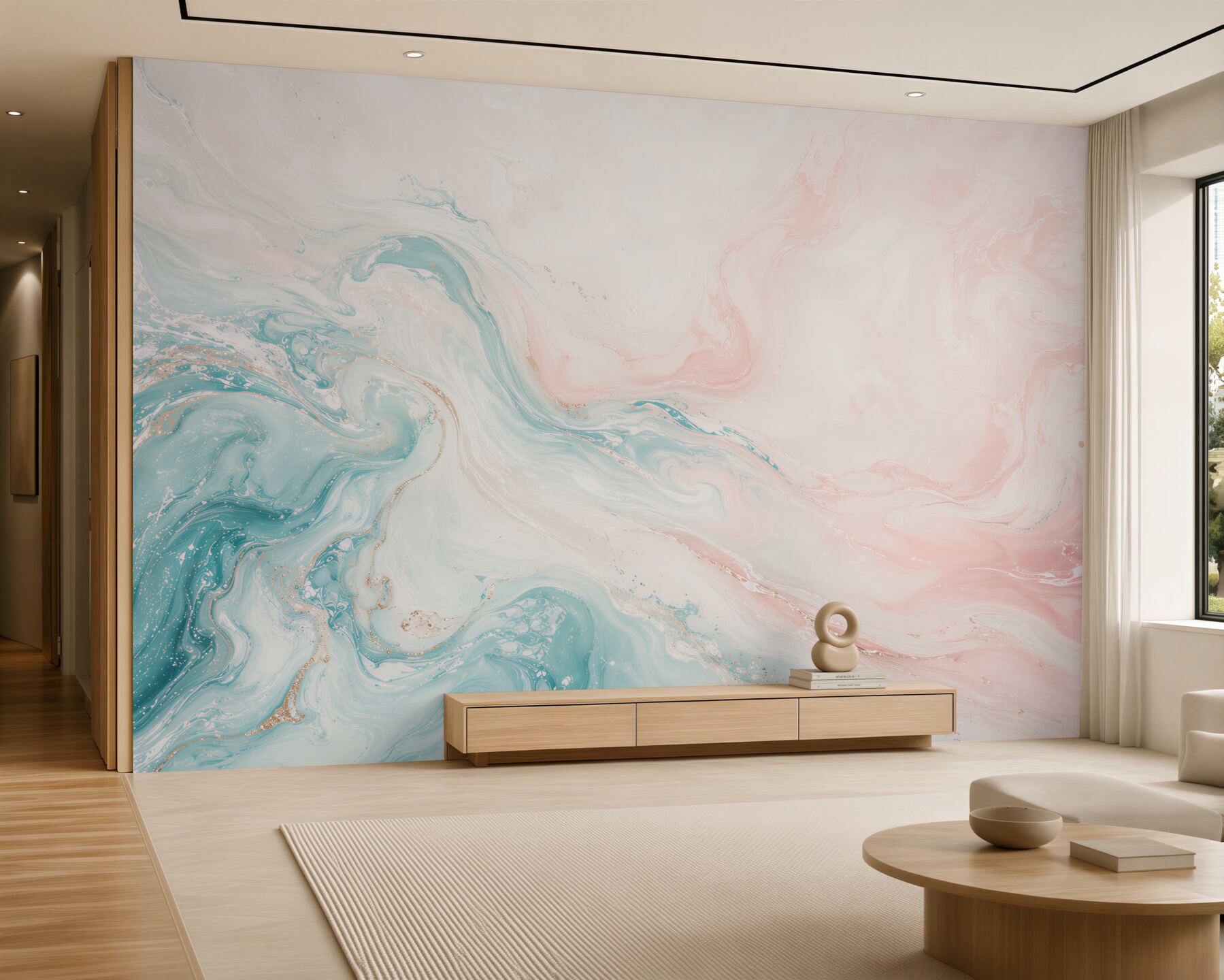 Fotobehang abstracte golven turquoise en poederroze delicaat voor de slaapkamer