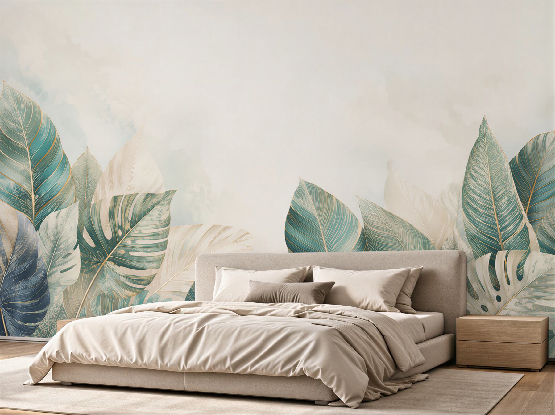 Fotobehang tropische bladeren beige en turquoise met een subtiele gouden accent