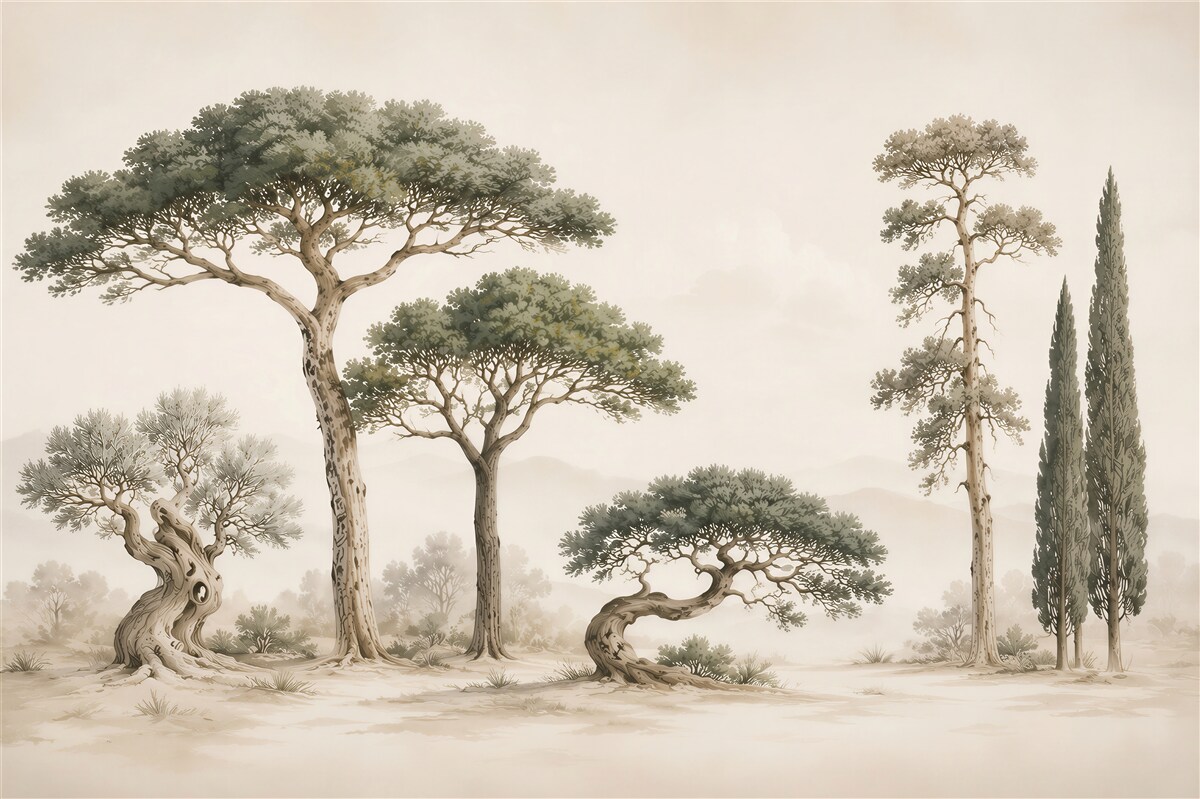 Fotobehang mediterrane bomen in elegante beige tinten