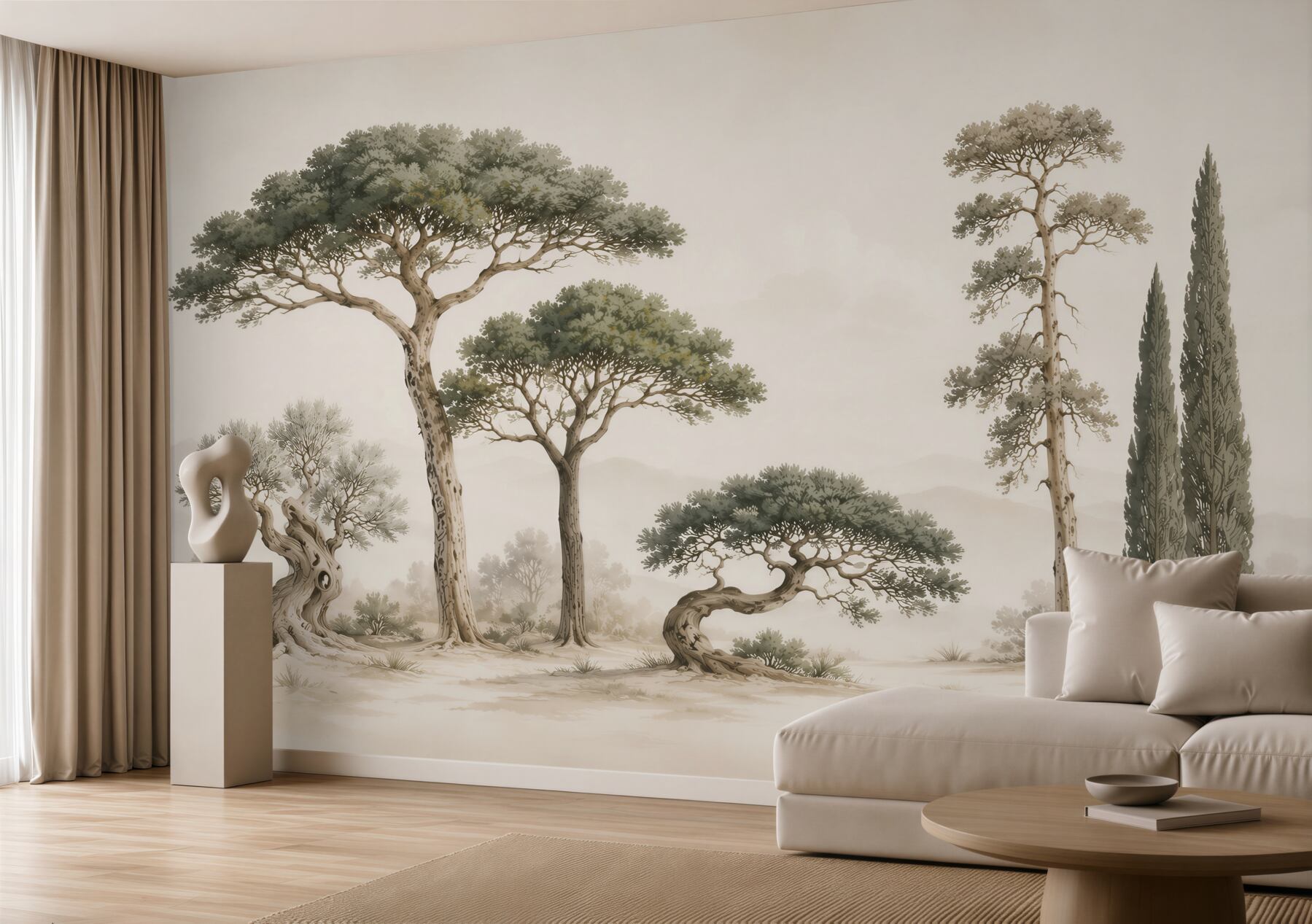 Fotobehang mediterrane bomen in elegante beige tinten