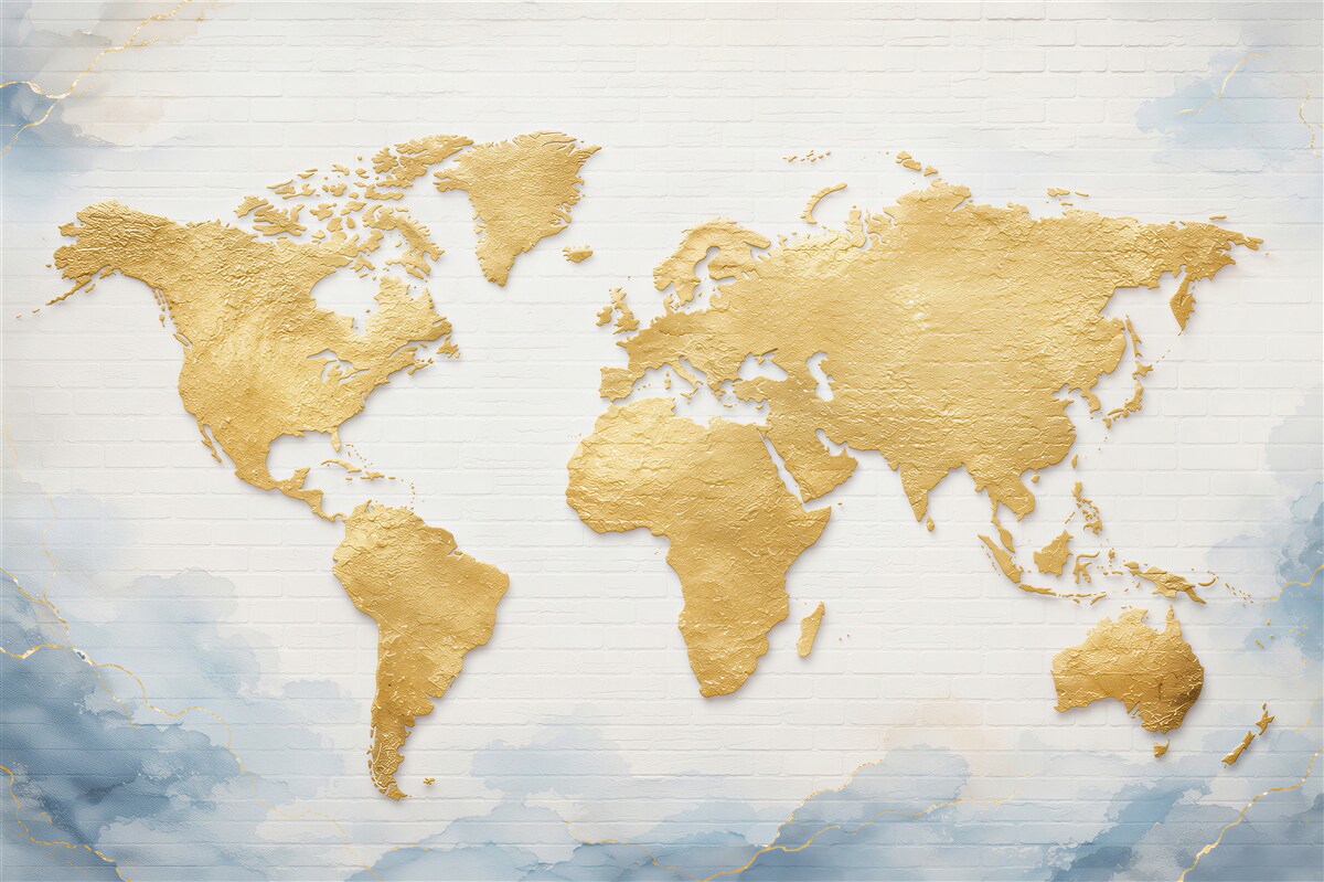 Fotobehang gouden wereldkaart op witte baksteen elegant