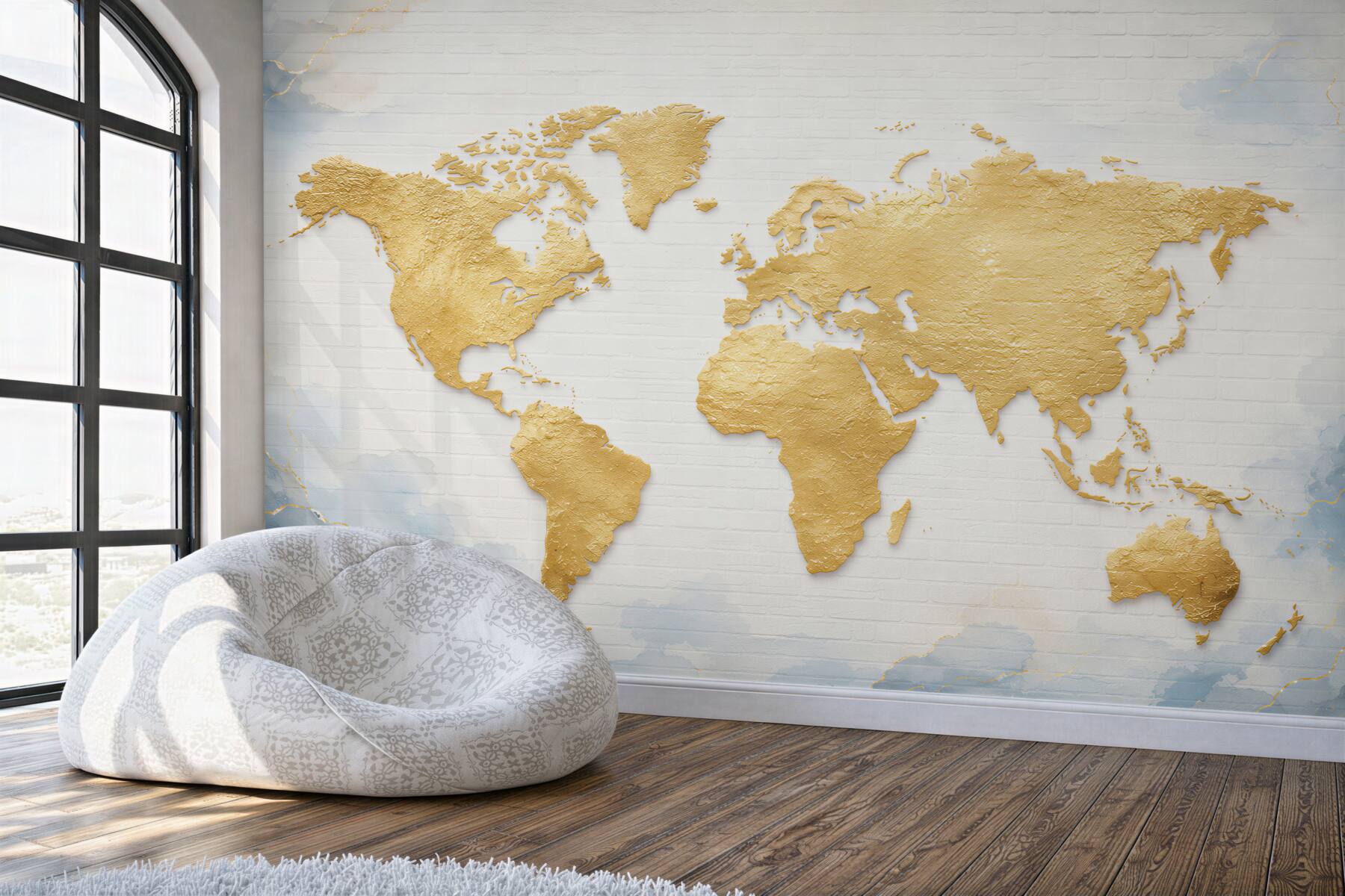 Fotobehang gouden wereldkaart op witte baksteen elegant