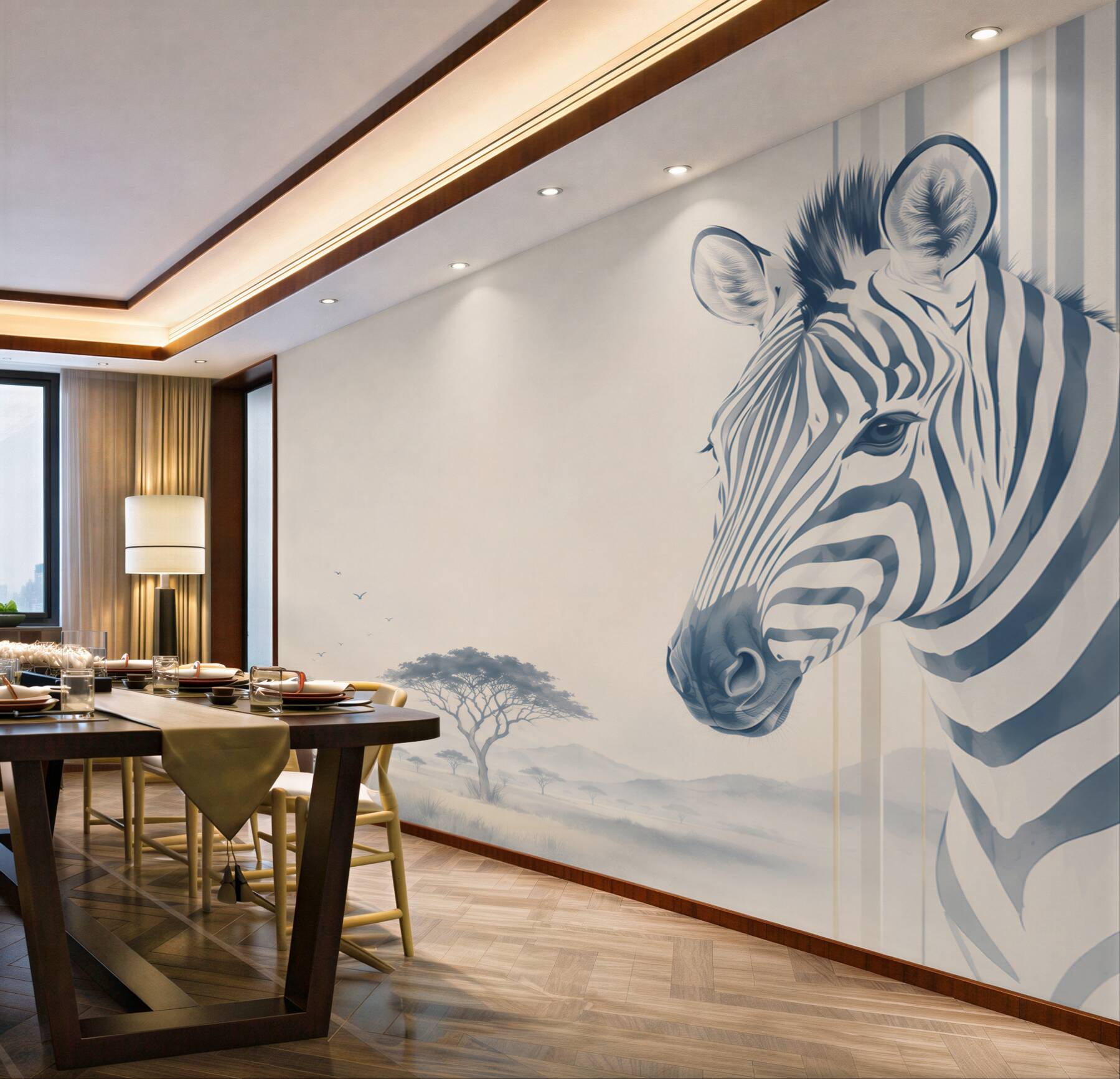 Fotobehang zebra in de savanne beige en grijs modern