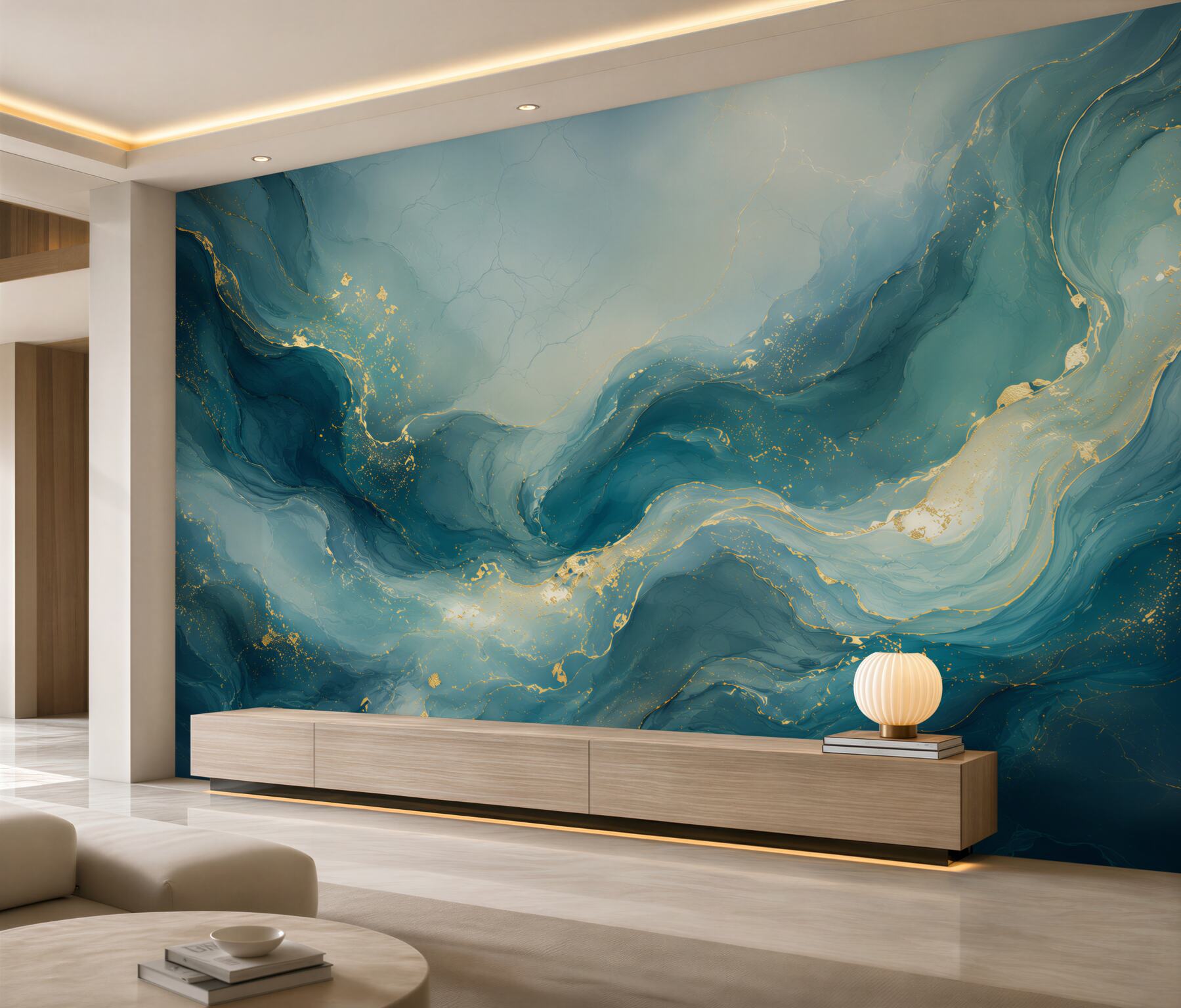 Fotobehang abstracte turkoois golven met gouden accenten voor de woonkamer