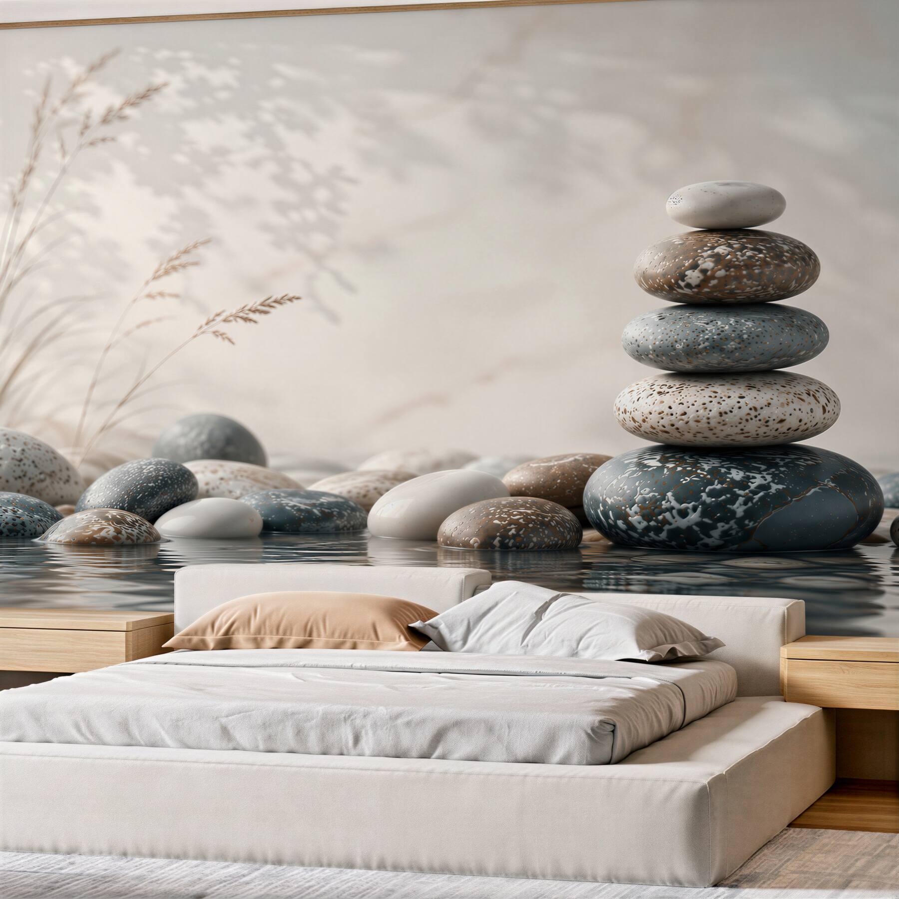 Fotobehang zen stenen boven water beige-grijs rustgevend motief spa