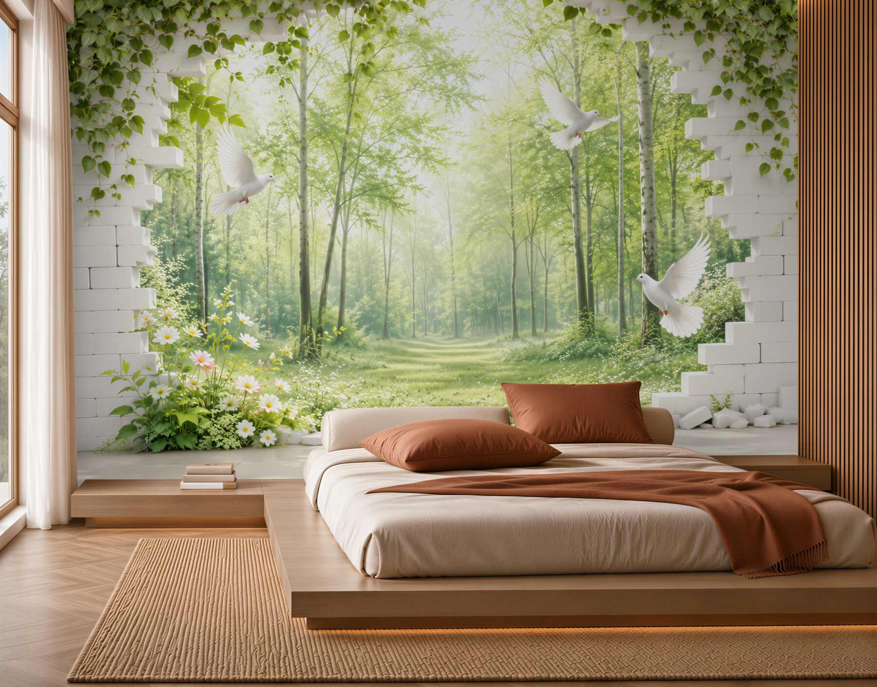Fotobehang bosweide met witte duiven en groene klimop