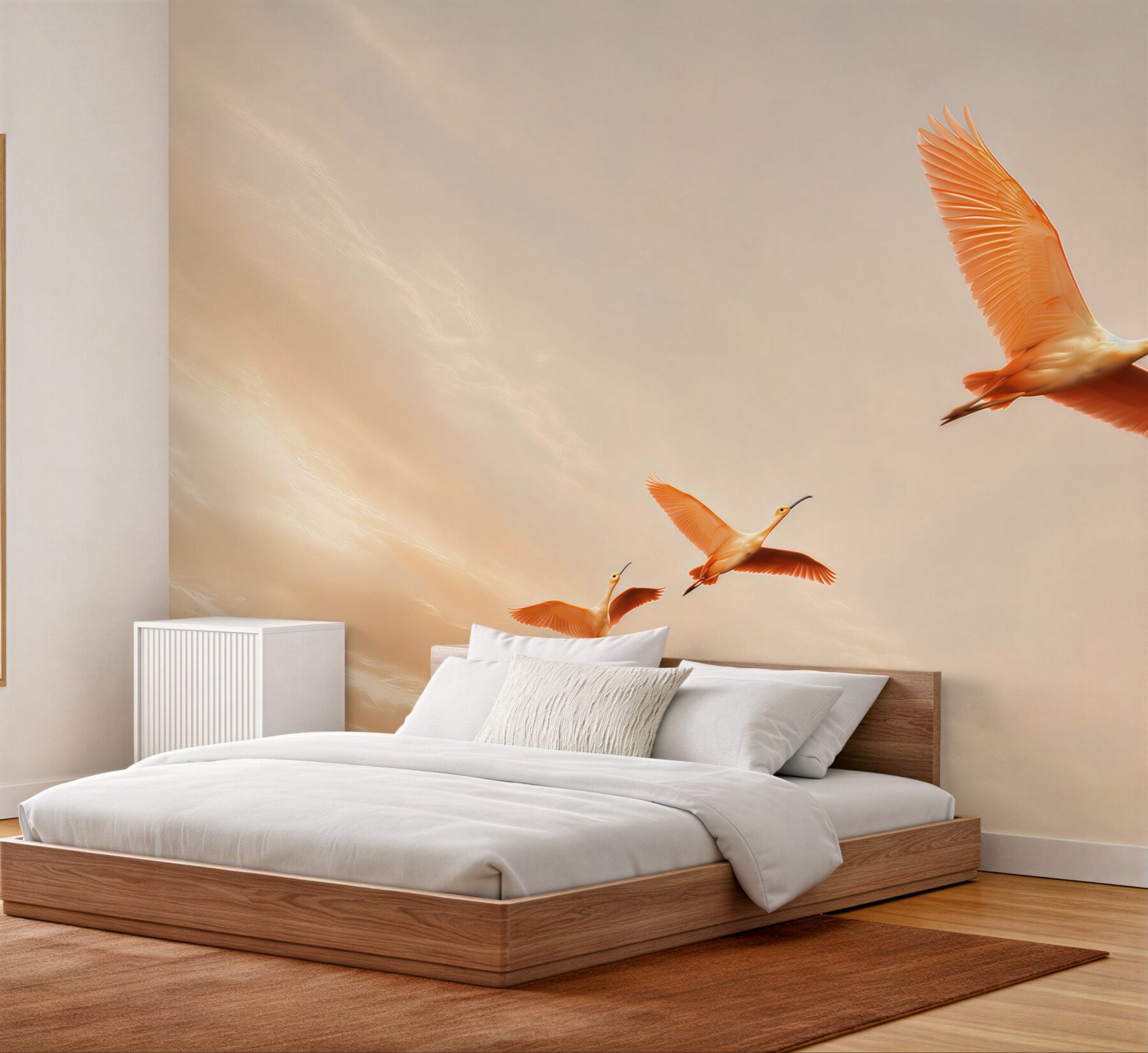 Fotobehang vliegende ibissen in warme beige rustige decoratie voor de woonkamer
