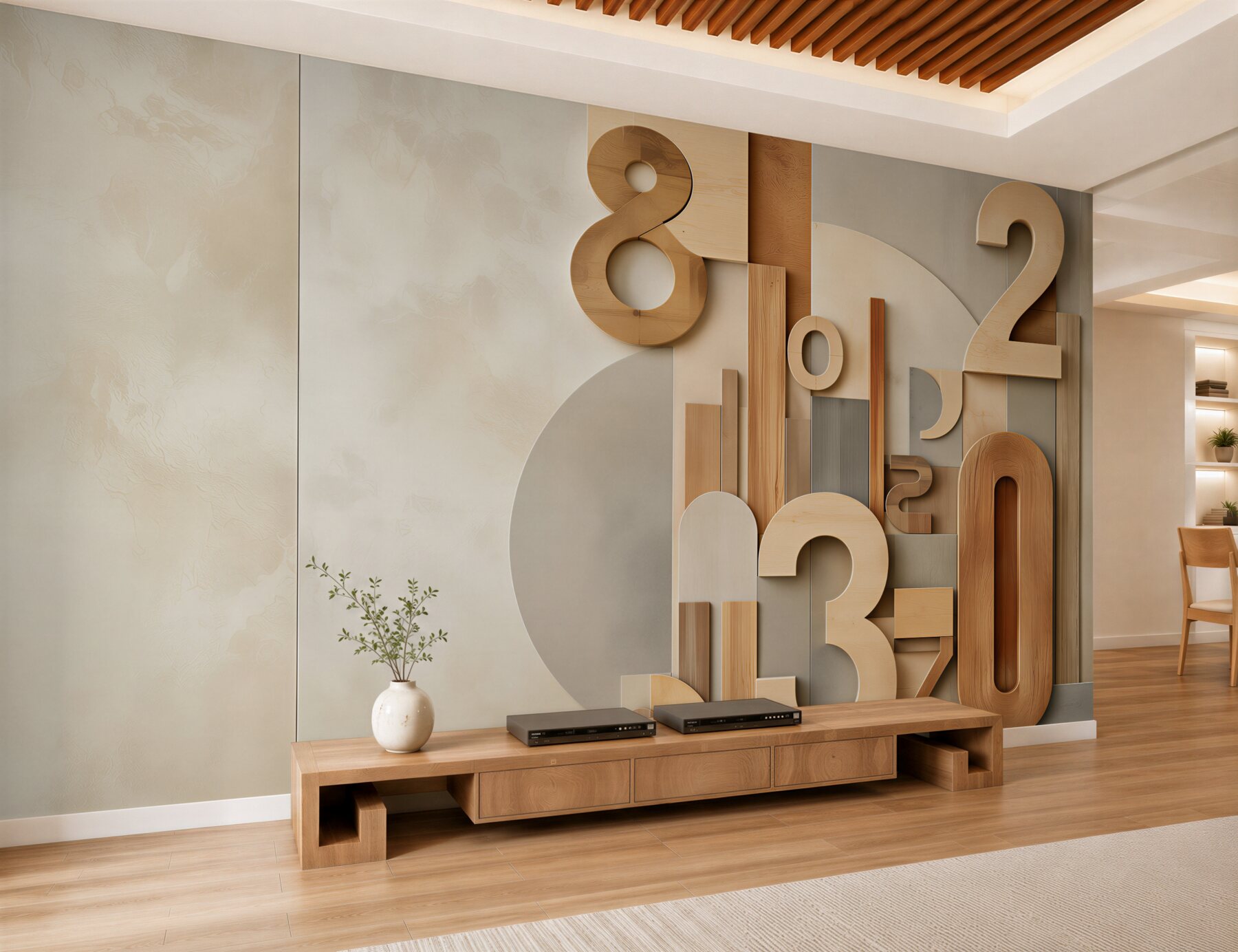 Fotobehang geometrische 3D-cijfers in beige hout modern voor kantoor