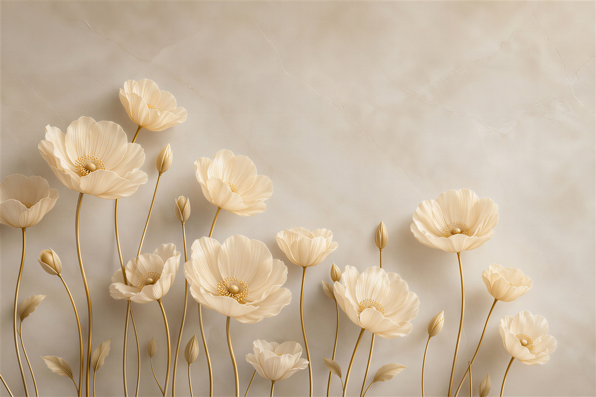 Fotobehang crèmewitte bloemen op gouden stelen elegante voor de slaapkamer