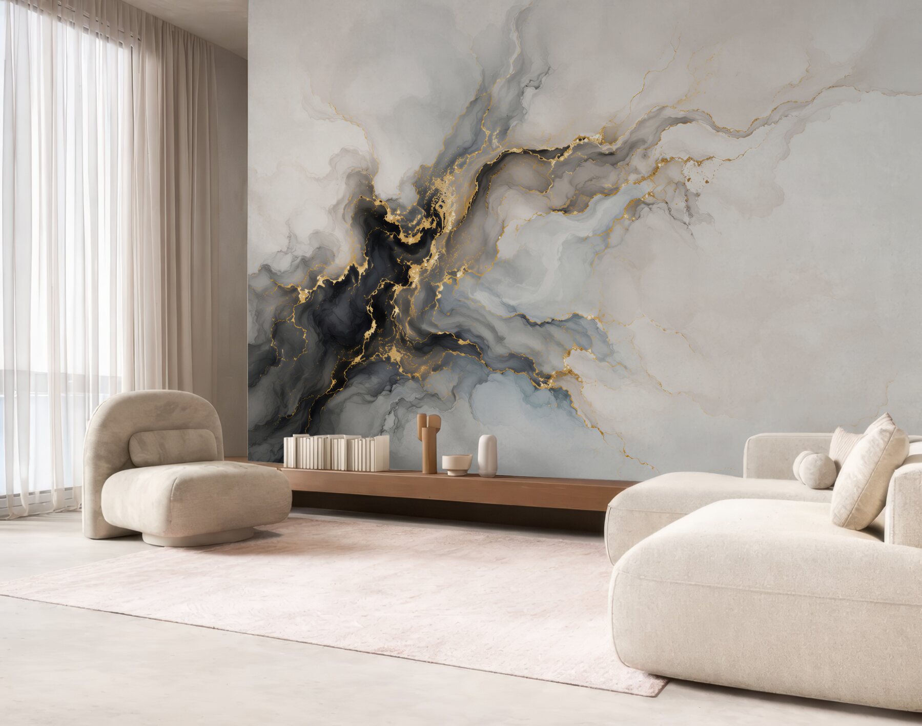 Fotobehang elegante abstracte marmer wit grijs met gouden aderen