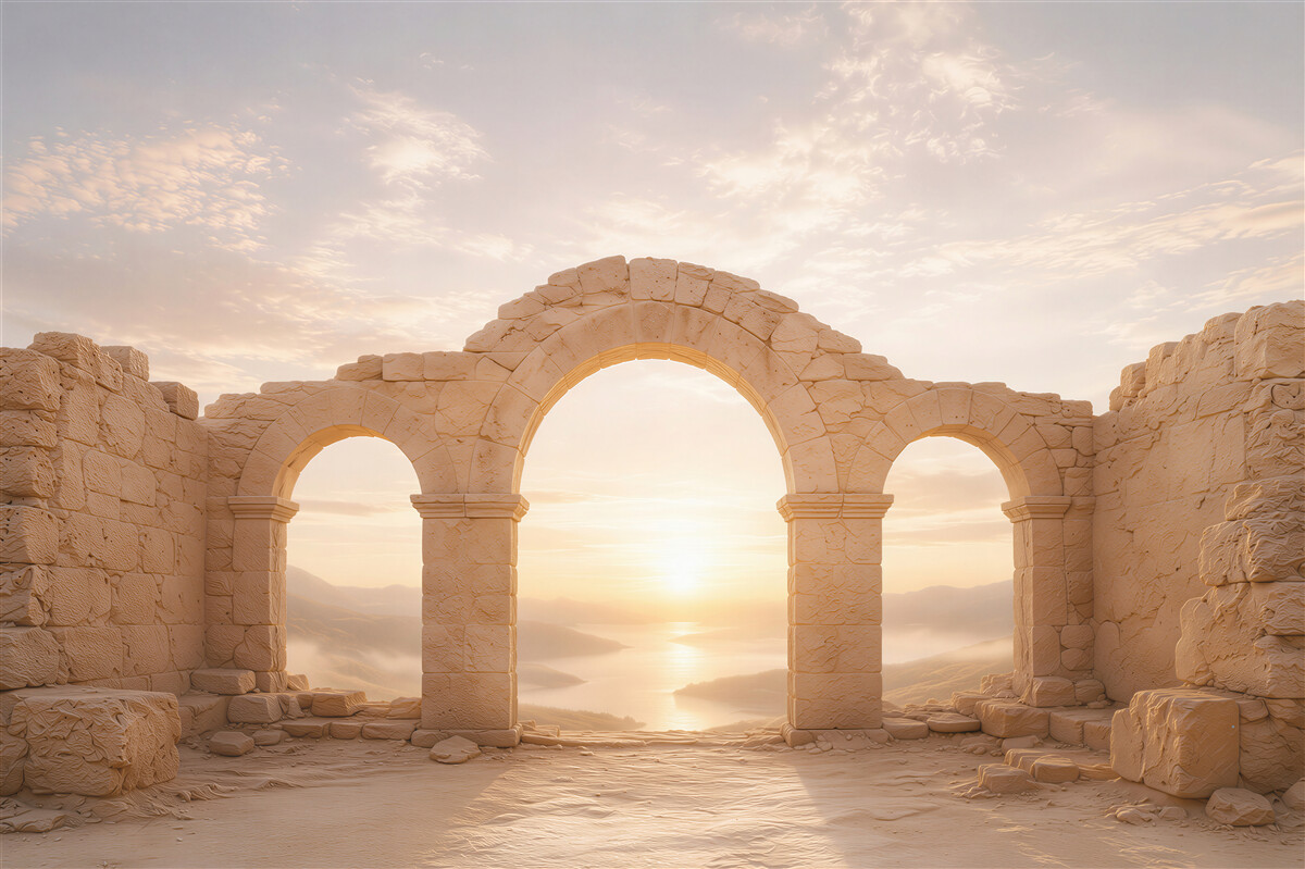 Fotobehang stenen bogen bij zonsopgang in mediterrane stijl