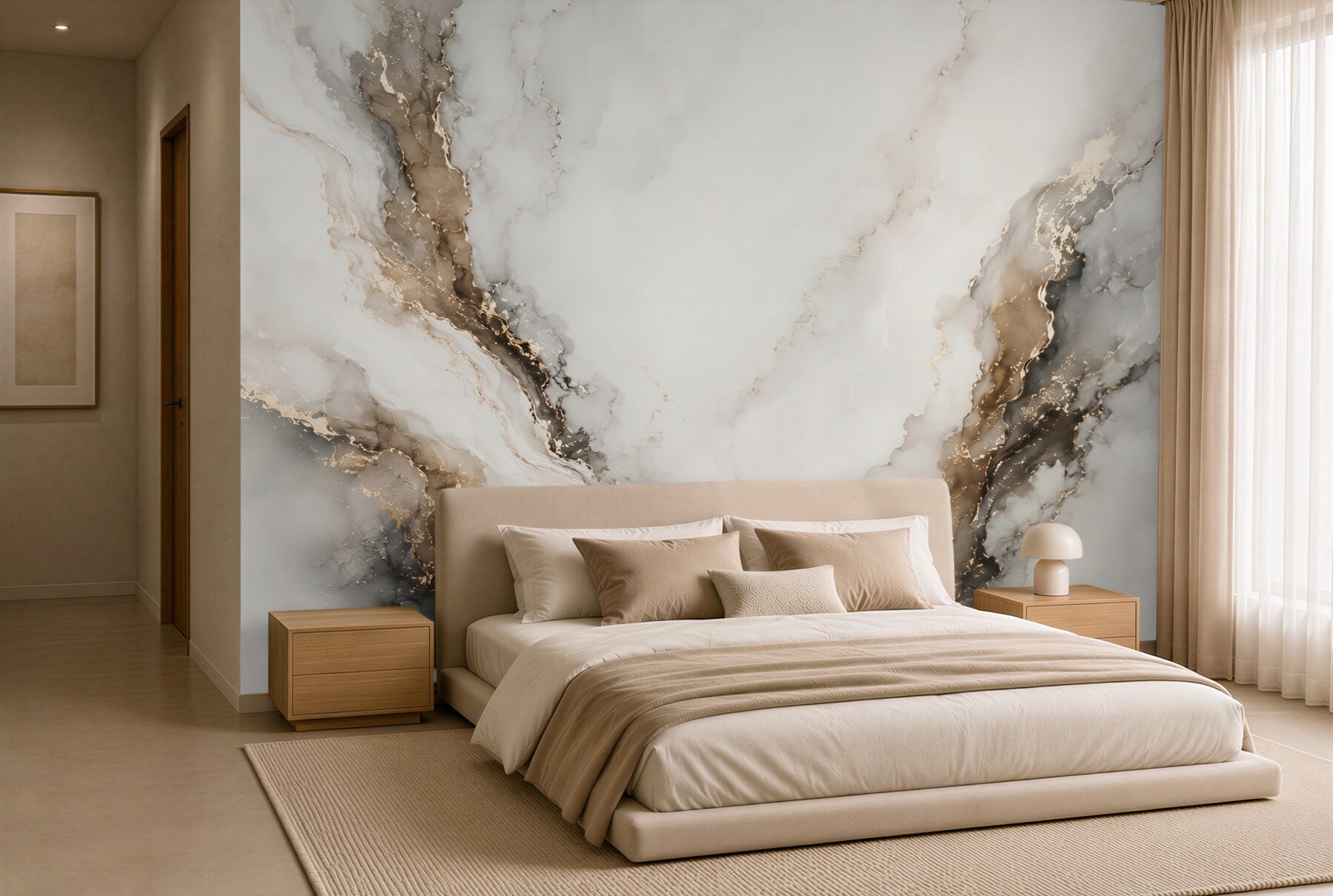 Fotobehang abstracte wit-grijze marmer met gouden accenten