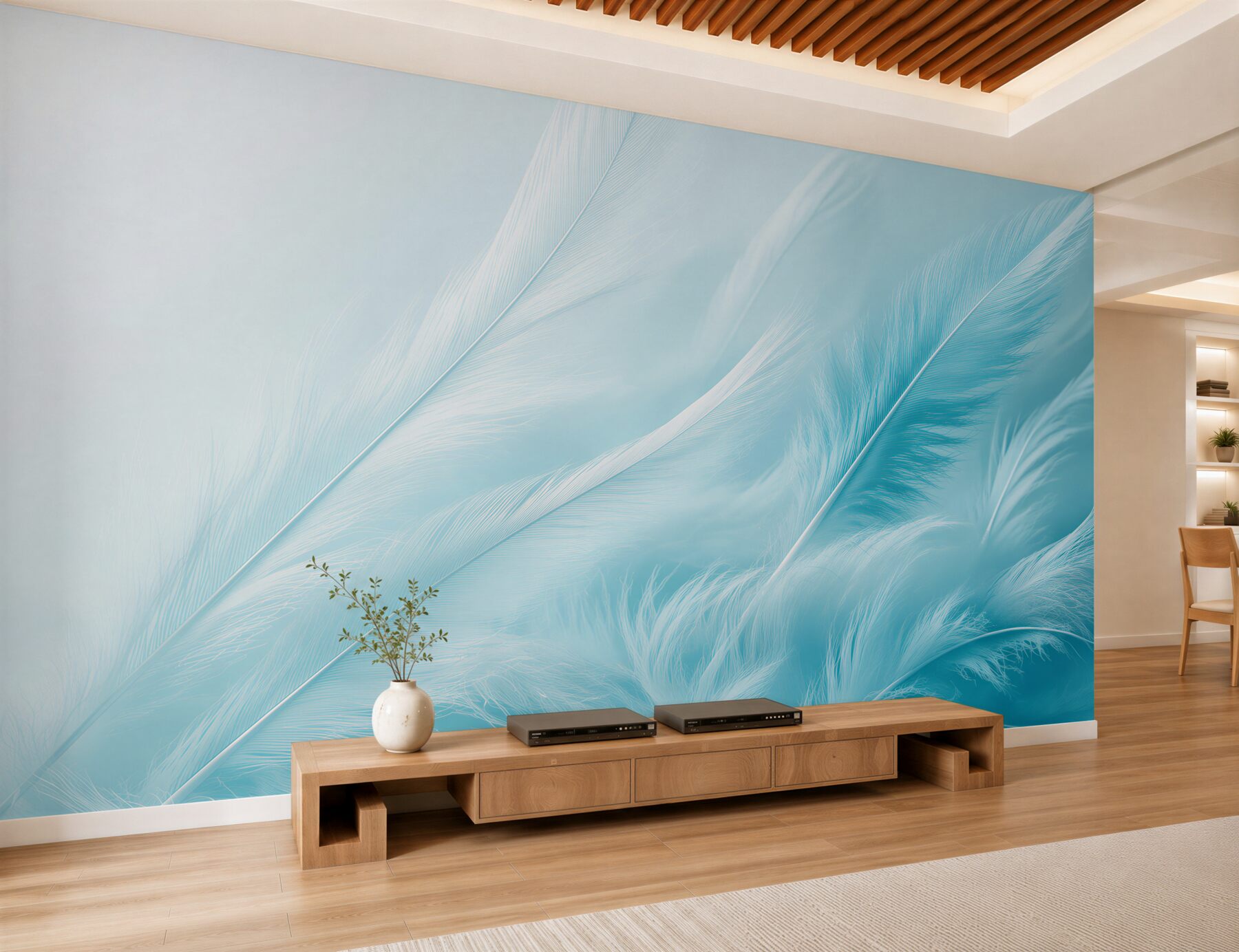 Fotobehang delicate blauwe veren licht en subtiel voor de slaapkamer