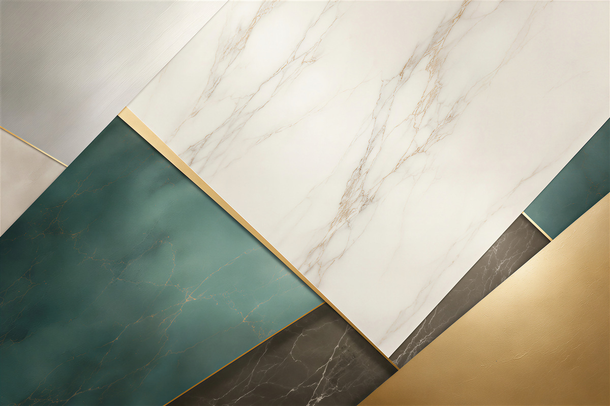 Fotobehang geometrische marmer wit-groen met gouden accenten modern