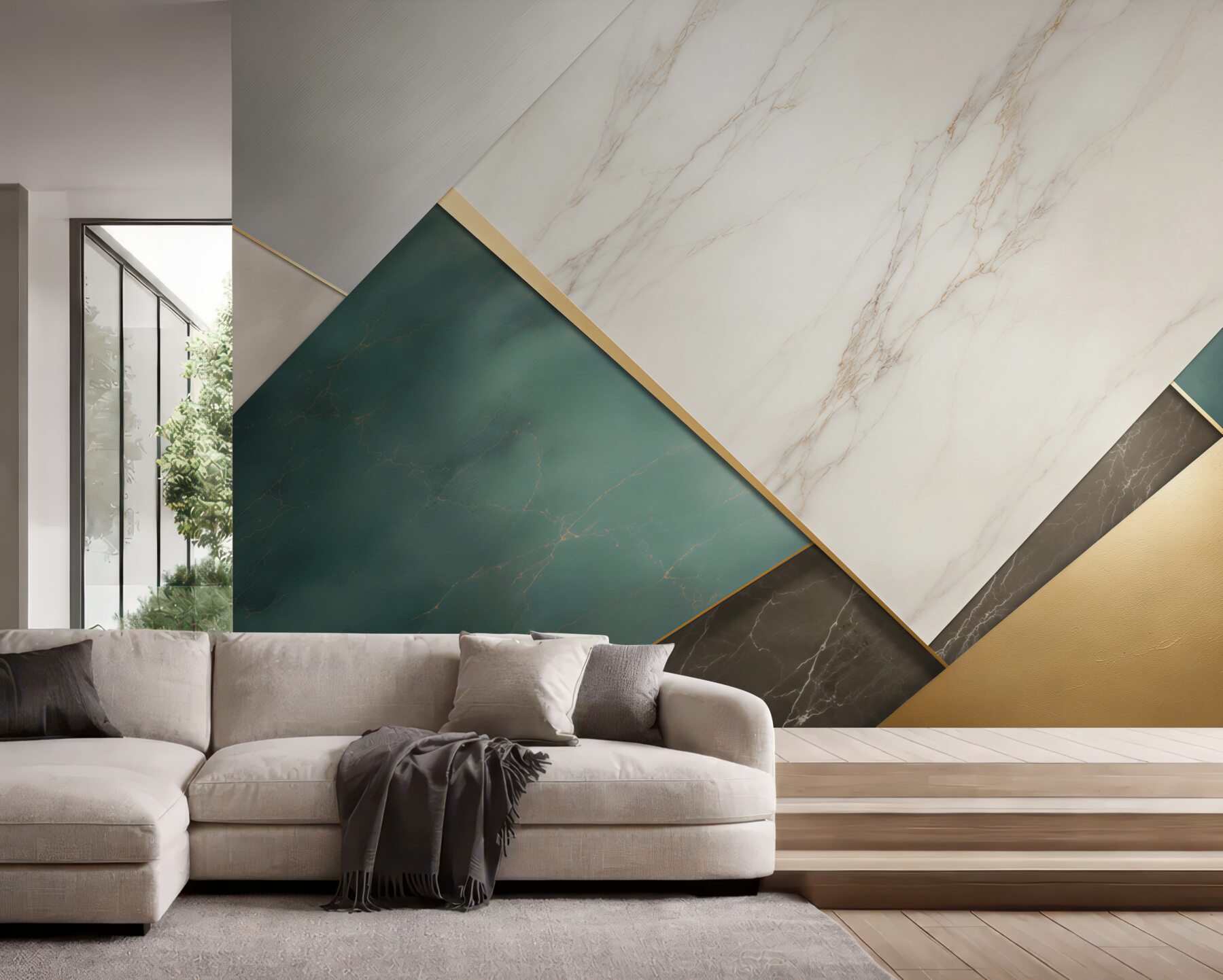 Fotobehang geometrische marmer wit-groen met gouden accenten modern