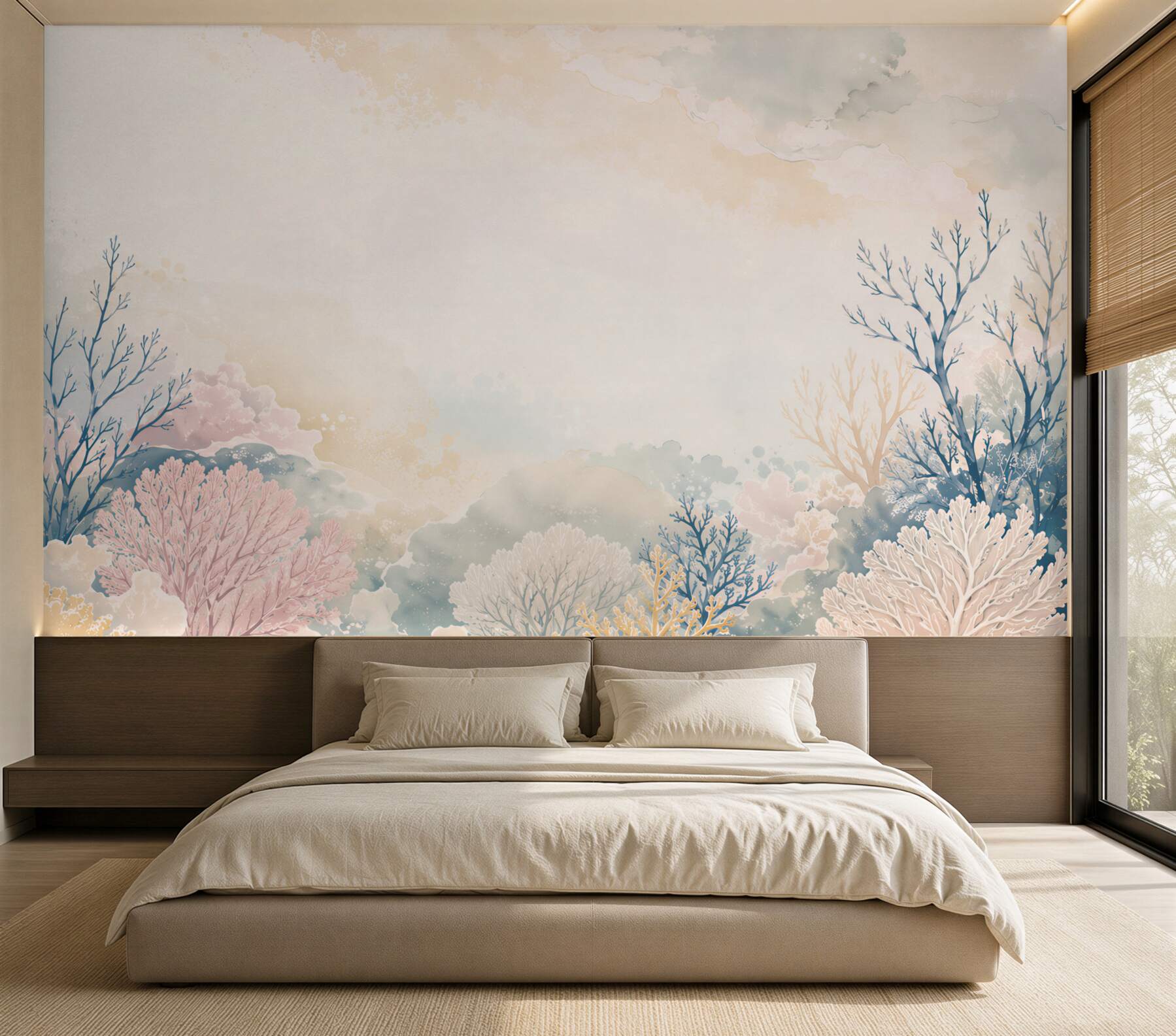 Fotobehang pastel magisch bos met bomen en wolken voor kinderen