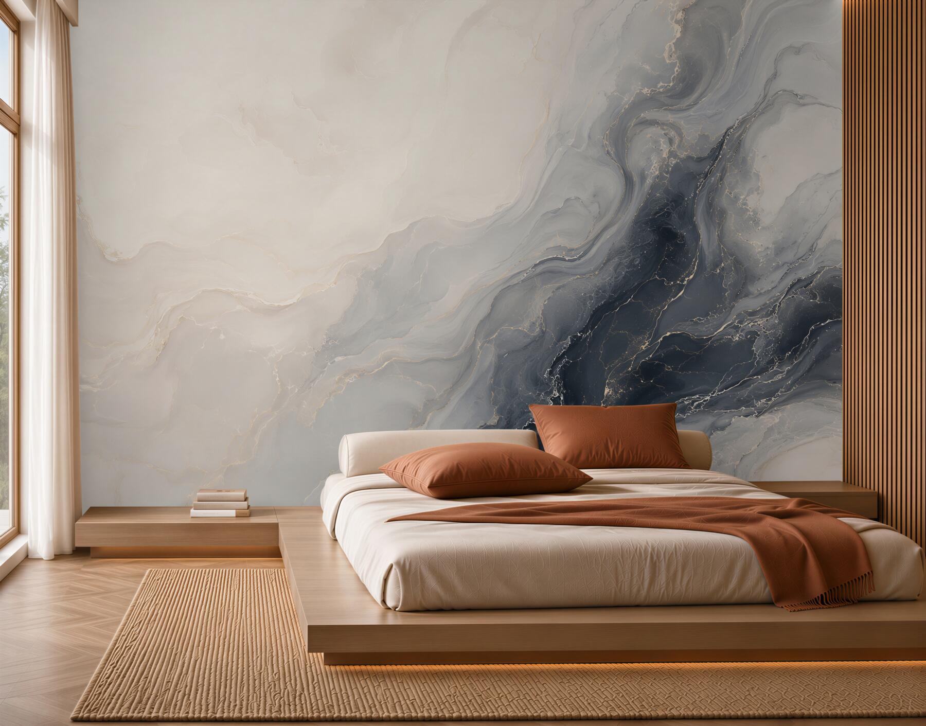 Fotobehang abstracte marmer grijs-beige met een vloeiend patroon elegant