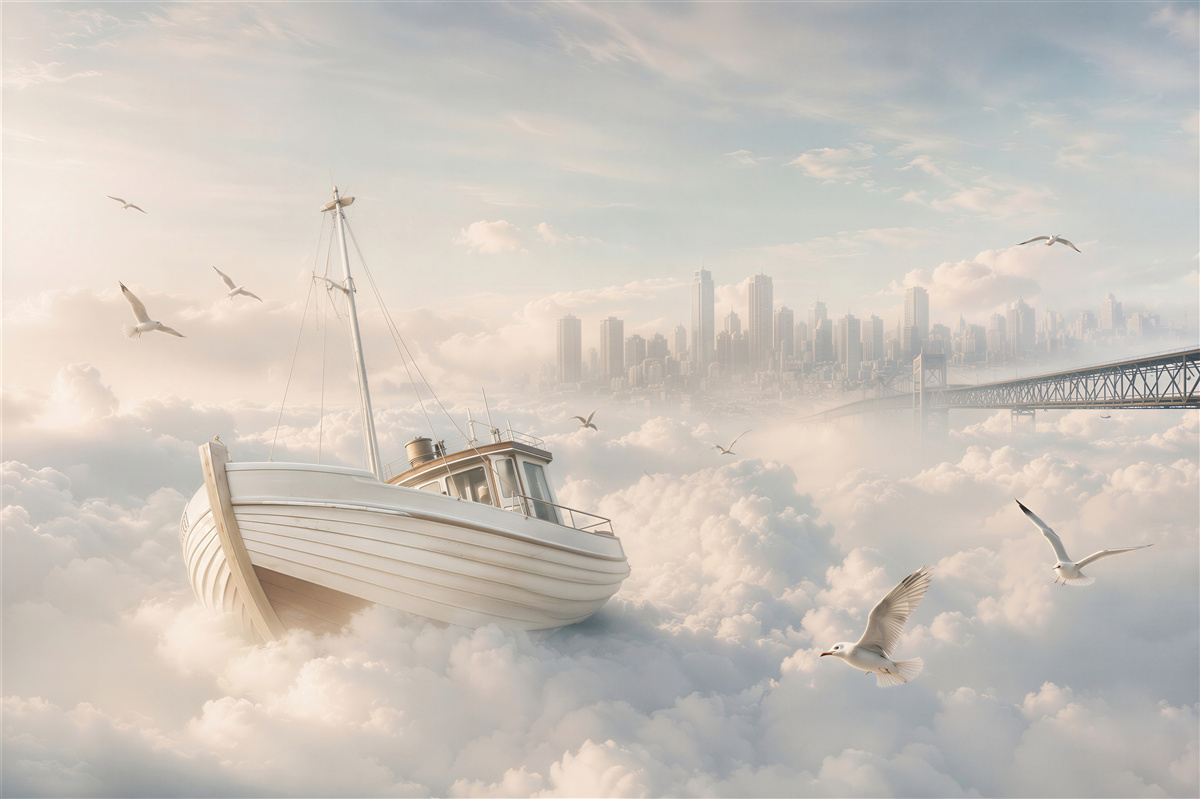 Fotobehang boot in de wolken met meeuwen en een surrealistische stad pastel