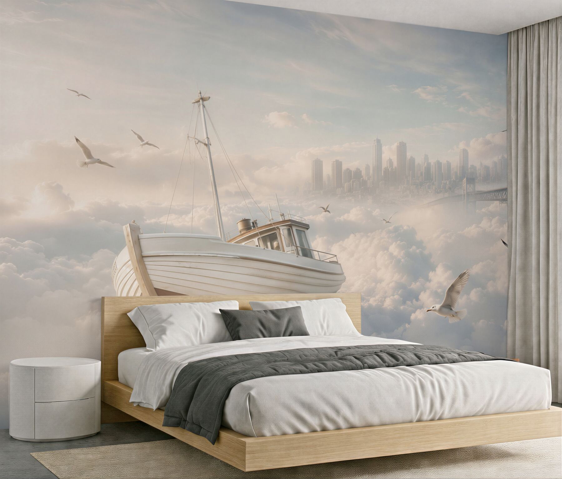 Fotobehang boot in de wolken met meeuwen en een surrealistische stad pastel