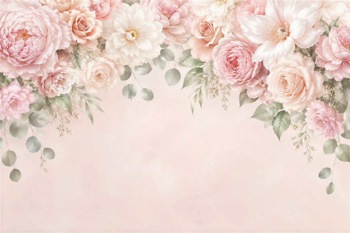 Fotobehang pastelkleurige pioenen en rozen op lichte achtergrond romantisch