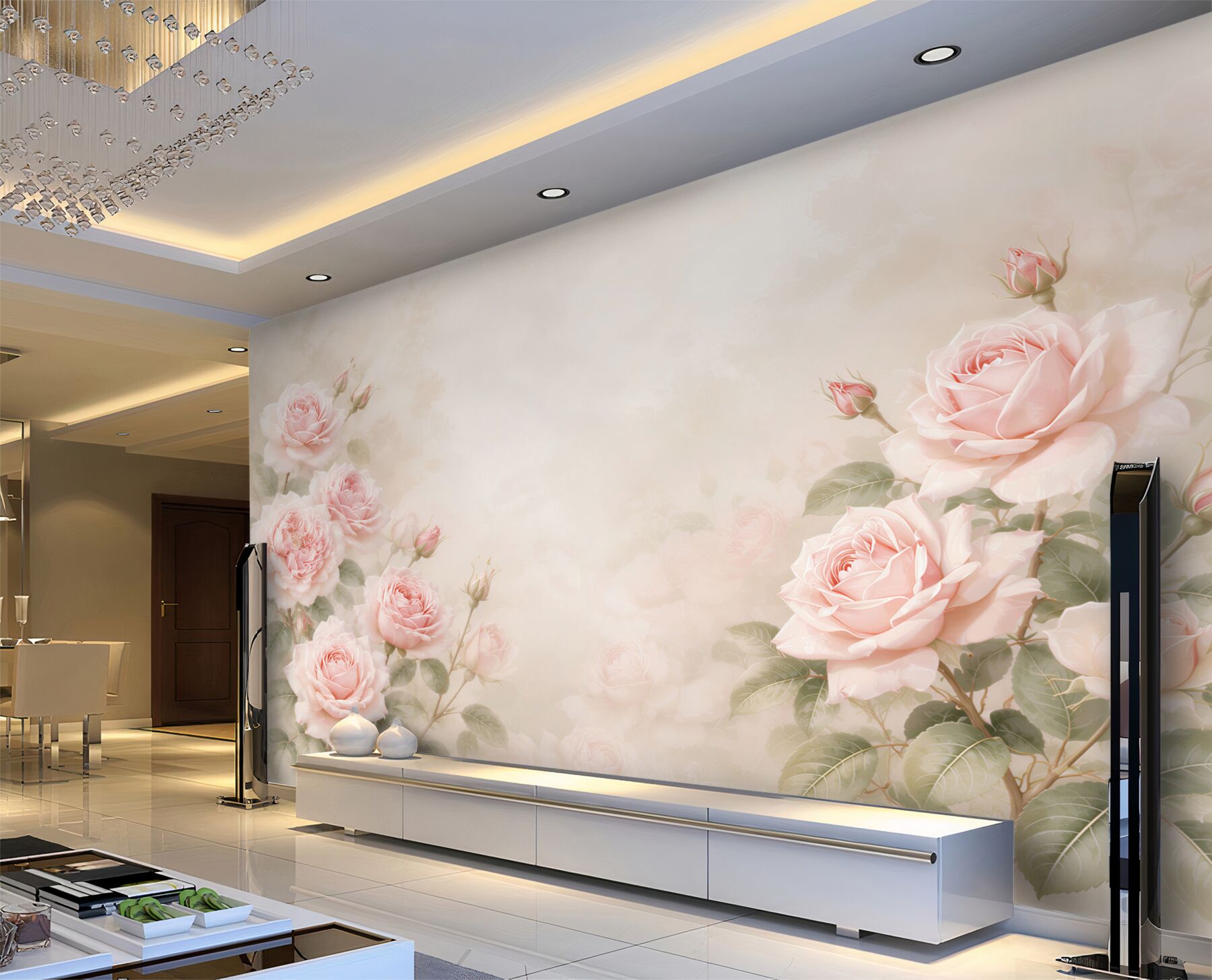 Fotobehang delicate pastelkleurige rozen op crèmekleurige achtergrond elegant