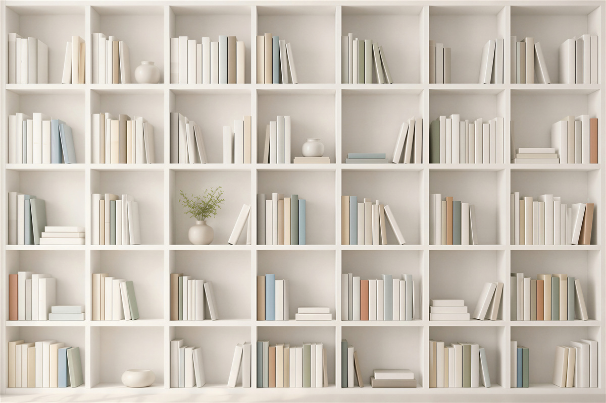Fotobehang witte boekenkast met boeken minimalistisch voor kantoor en woonkamer