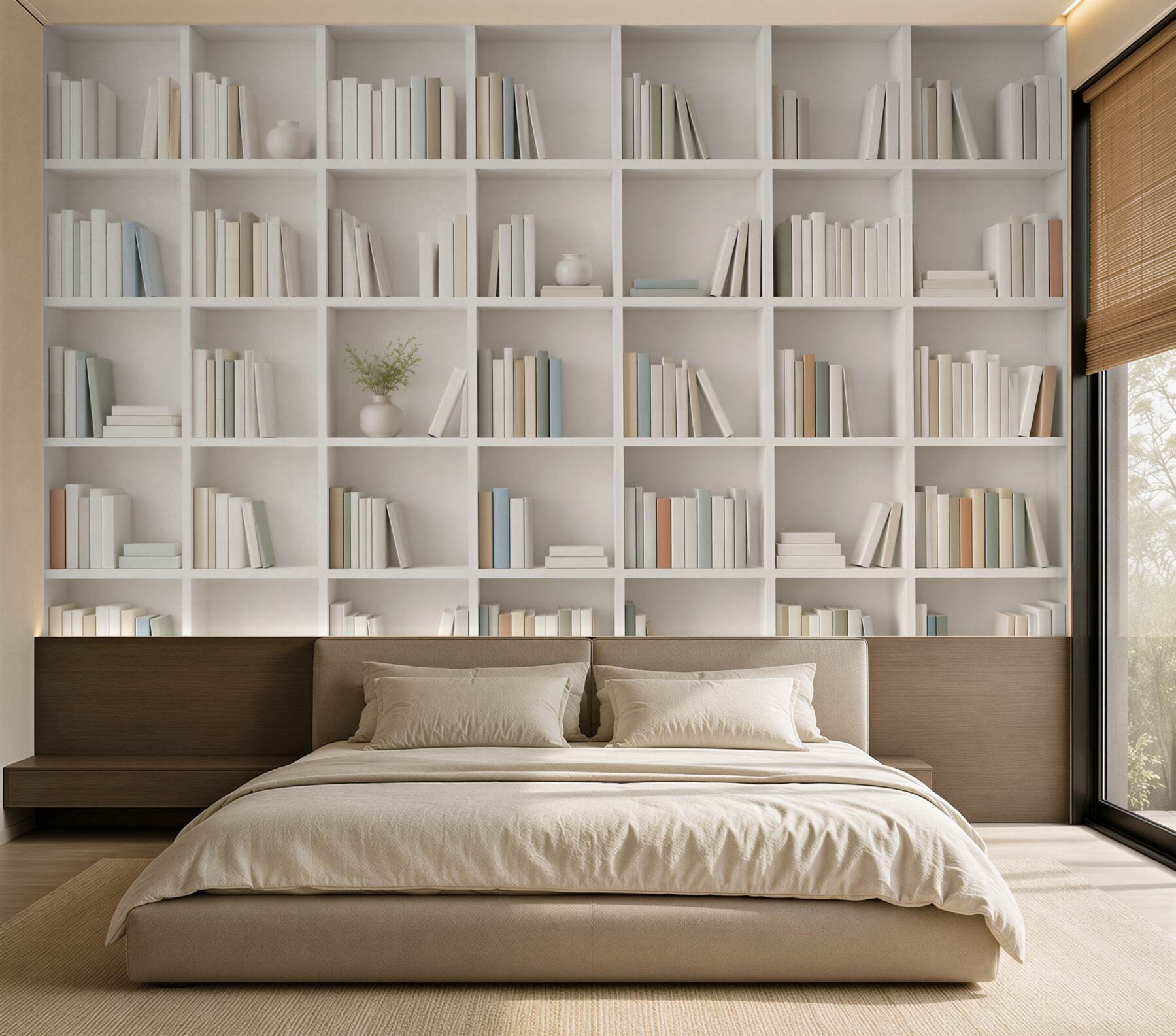Fotobehang witte boekenkast met boeken minimalistisch voor kantoor en woonkamer