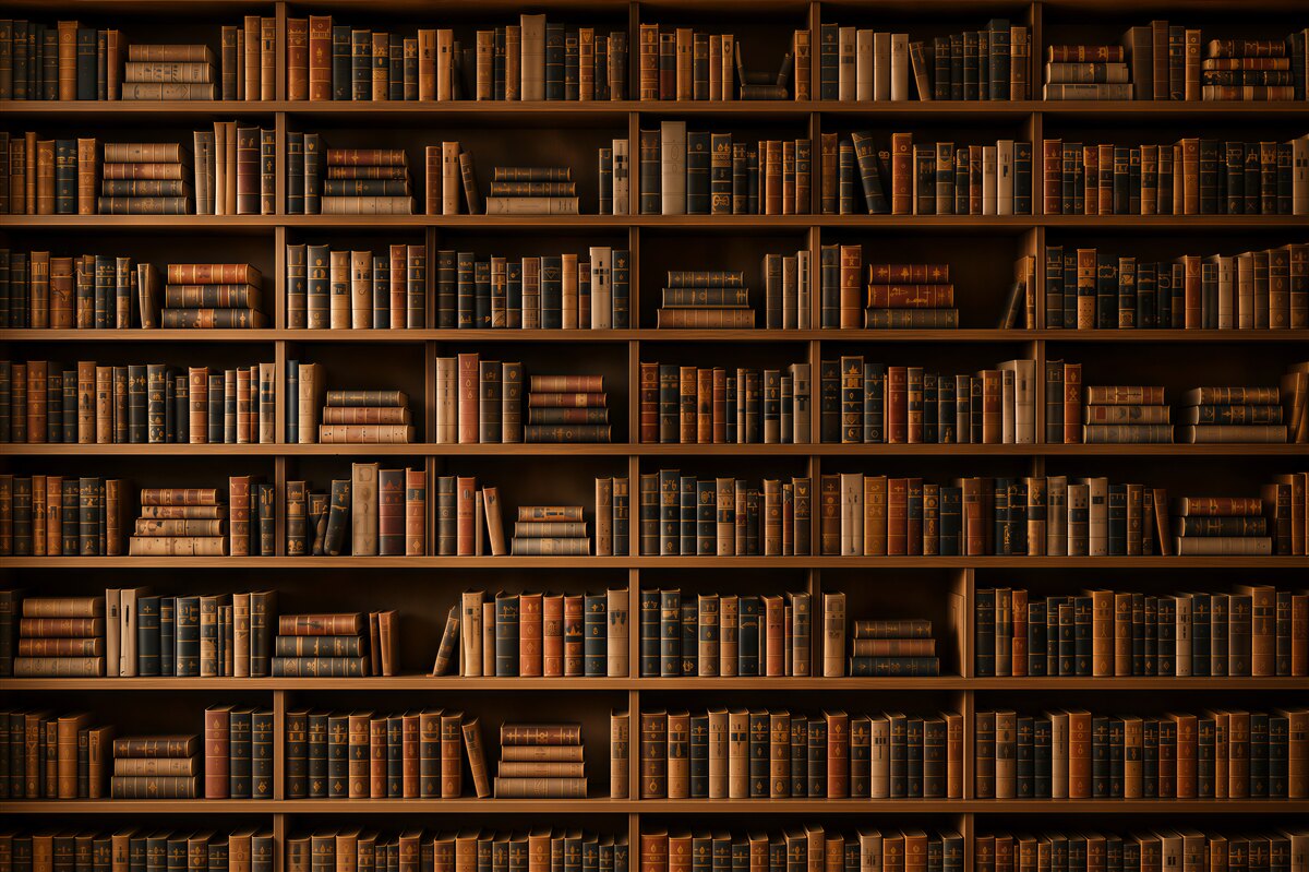 Fotobehang boekenplank met boeken bruine bibliotheek in klassieke stijl