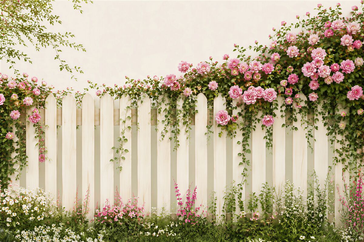 Fotobehang roze rozen op een witte omheining romantische tuin
