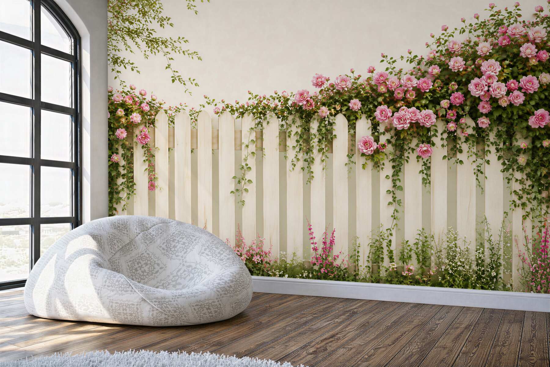 Fotobehang roze rozen op een witte omheining romantische tuin