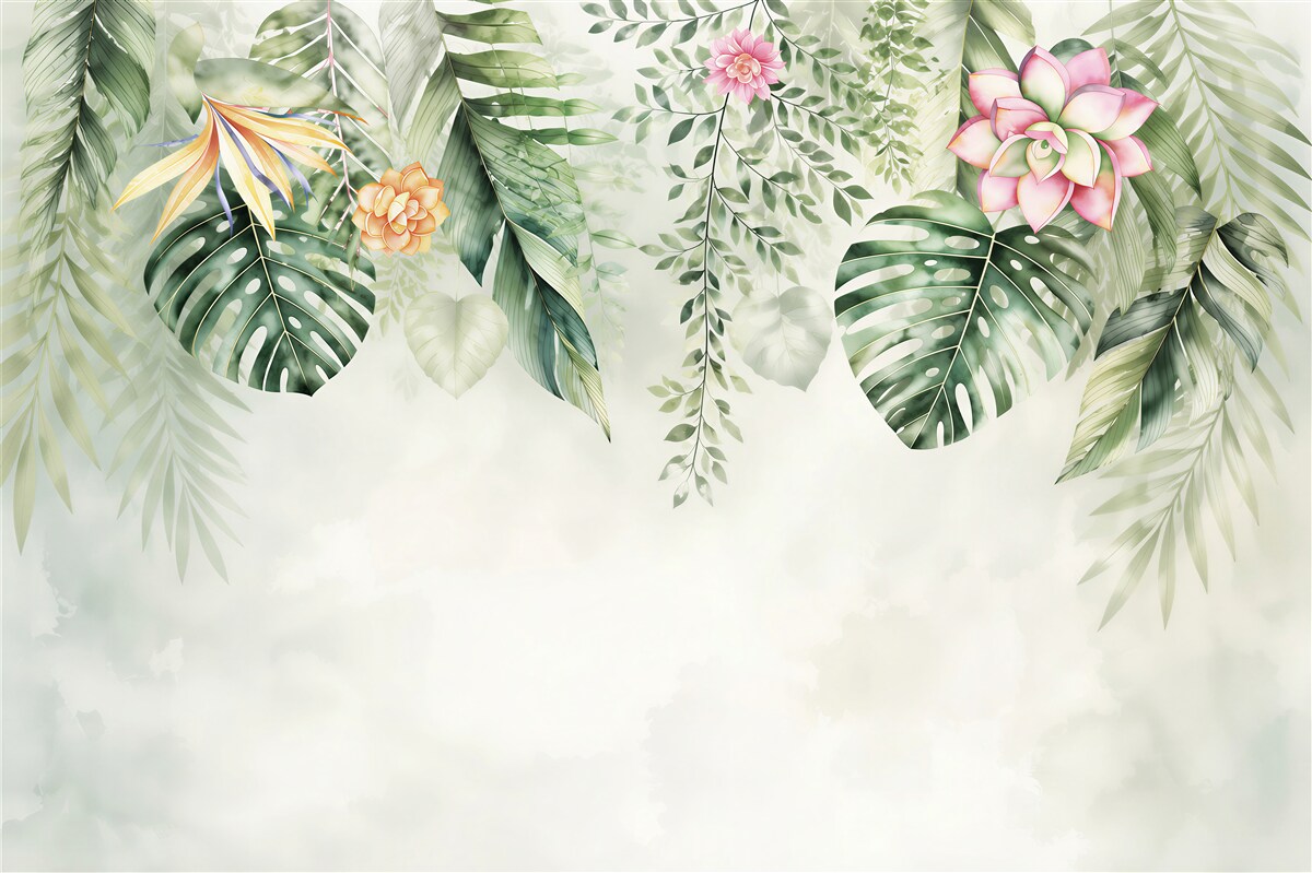 Fotobehang tropische bladeren en bloemen pastel jungle voor slaapkamer