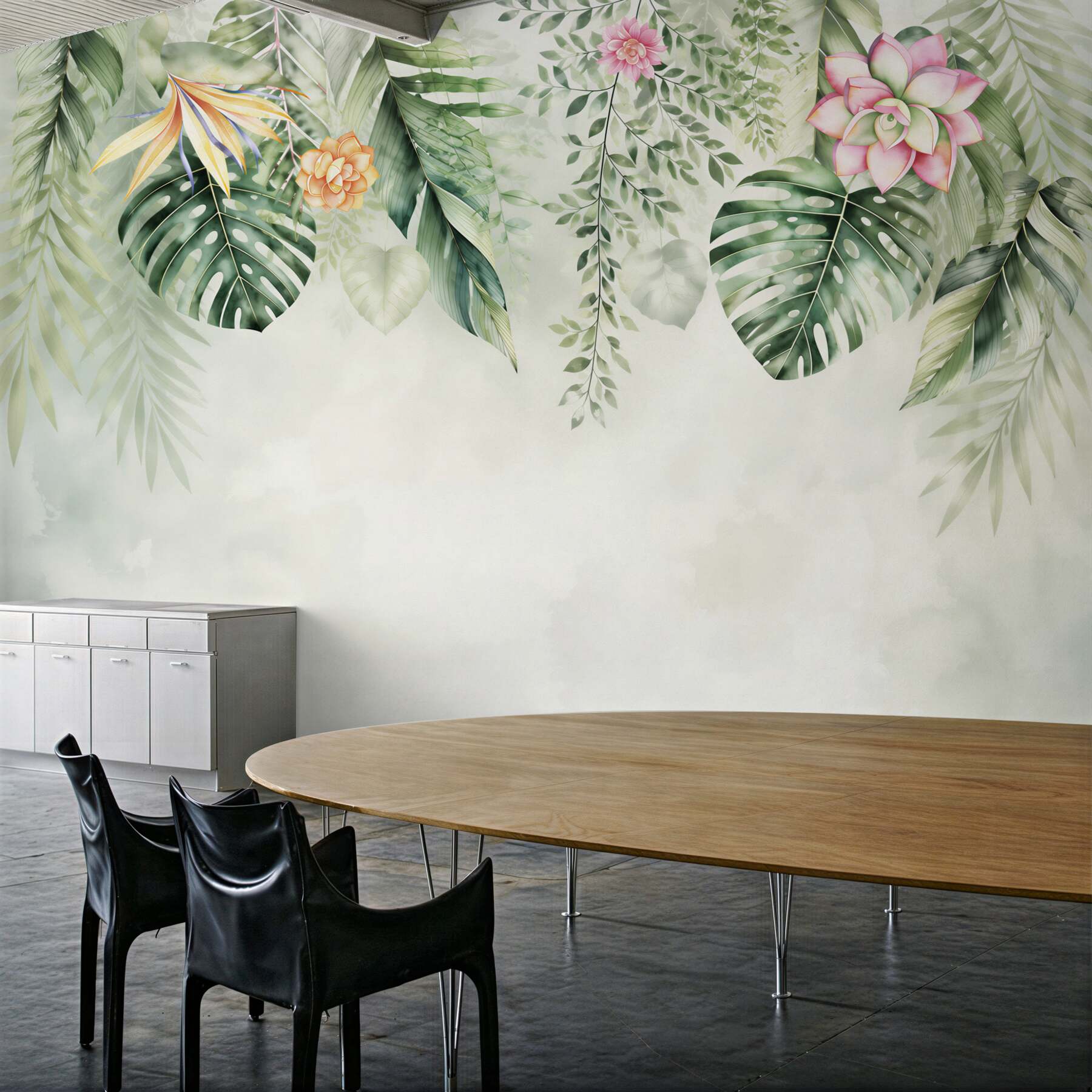 Fotobehang tropische bladeren en bloemen pastel jungle voor slaapkamer