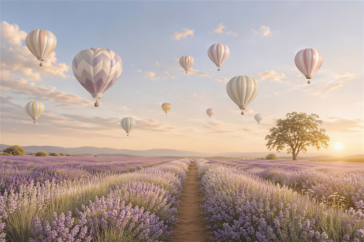 Fotobehang lavendelveld met ballonnen in een romantische pastelhemel