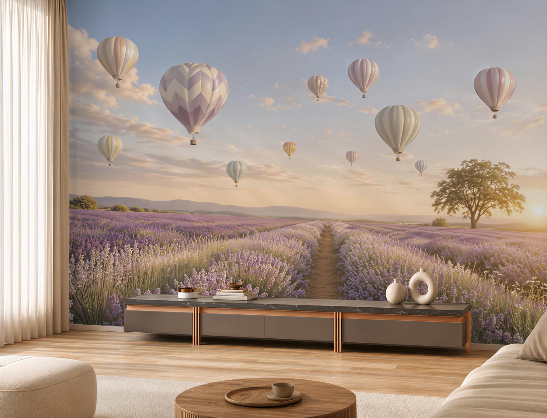 Fotobehang lavendelveld met ballonnen in een romantische pastelhemel