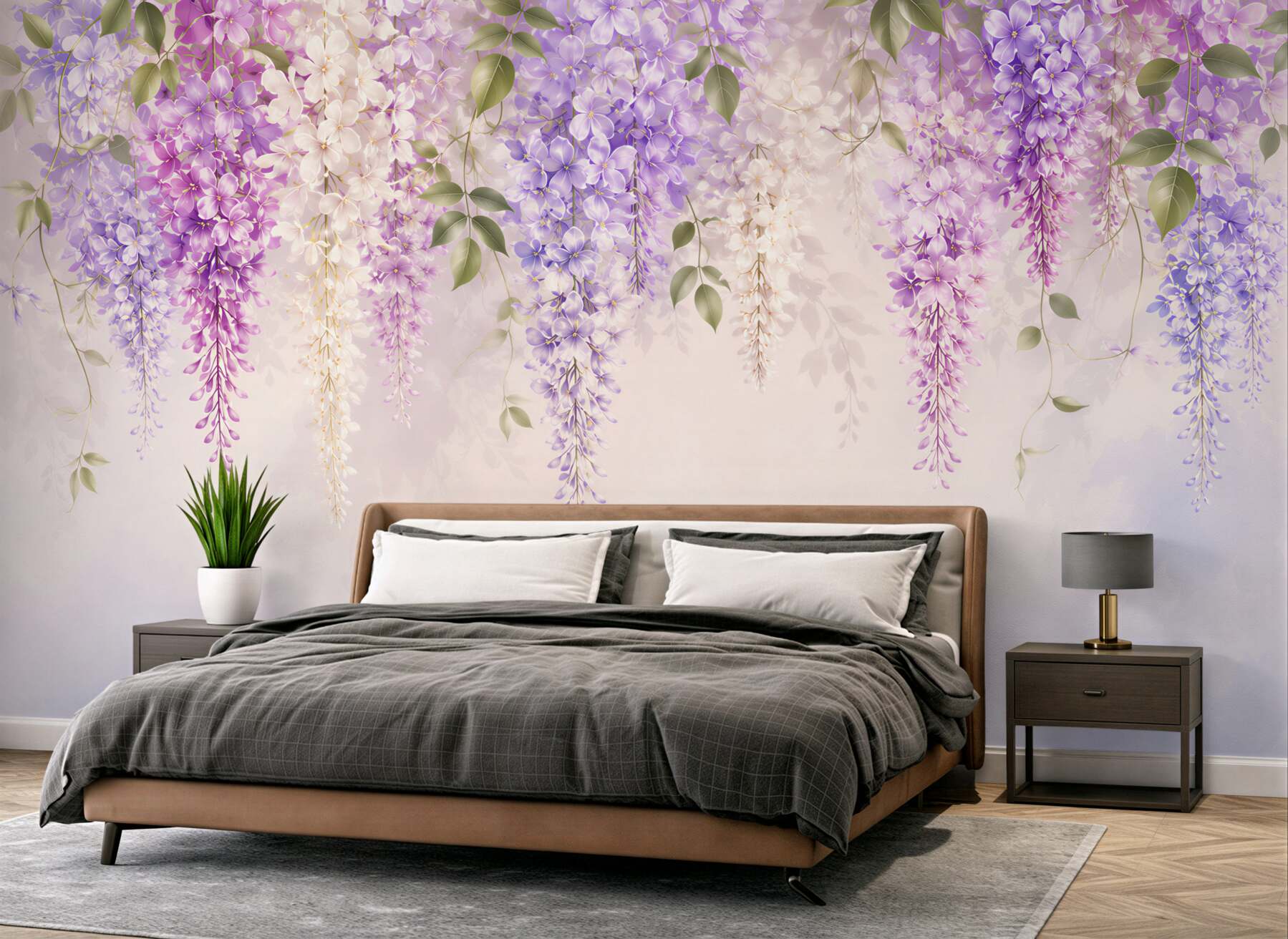 Fotobehang hangende paarse wisteria pastel romantisch