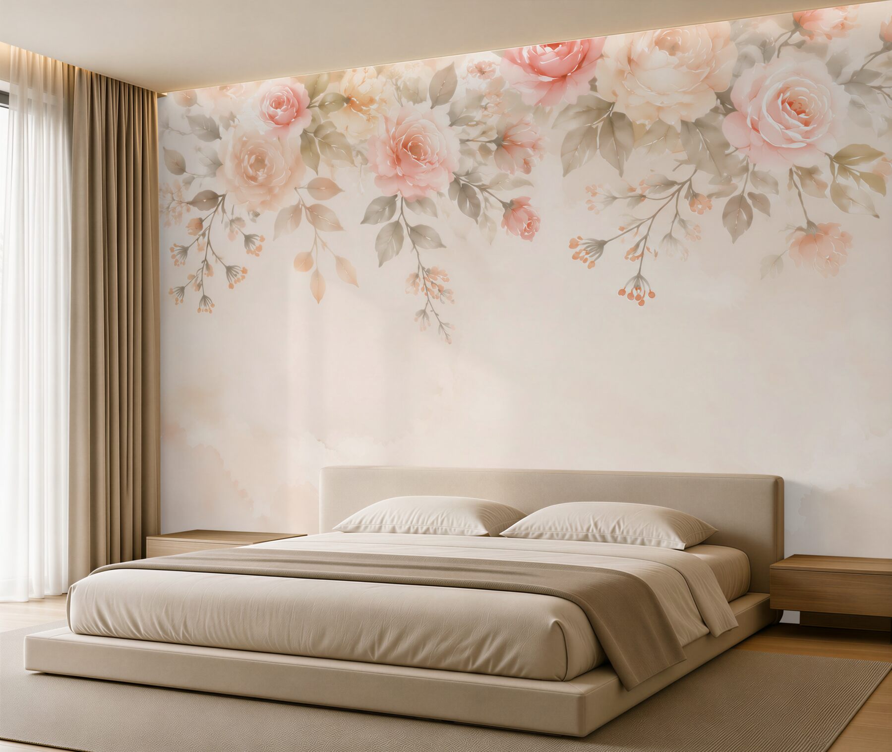 Fotobehang pastel roze bloemen met hangende takken op lichte achtergrond