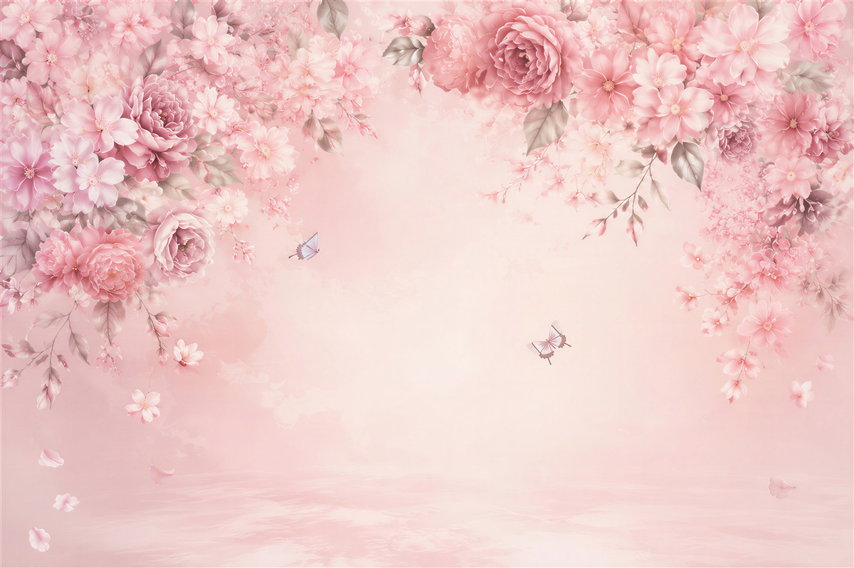 Fotobehang roze bloemen pioenen en kersen met vlinders romantisch